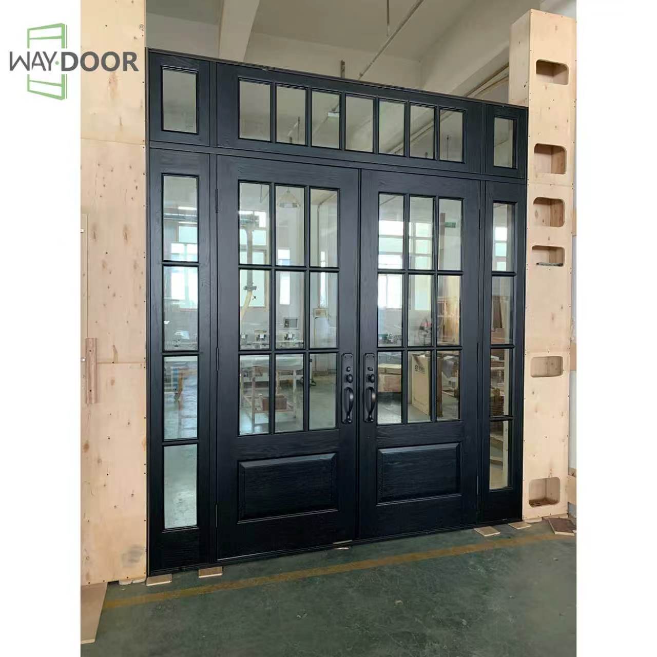 Black Solid Wood Hinged Exterior Double Door with Sidelights and Transom