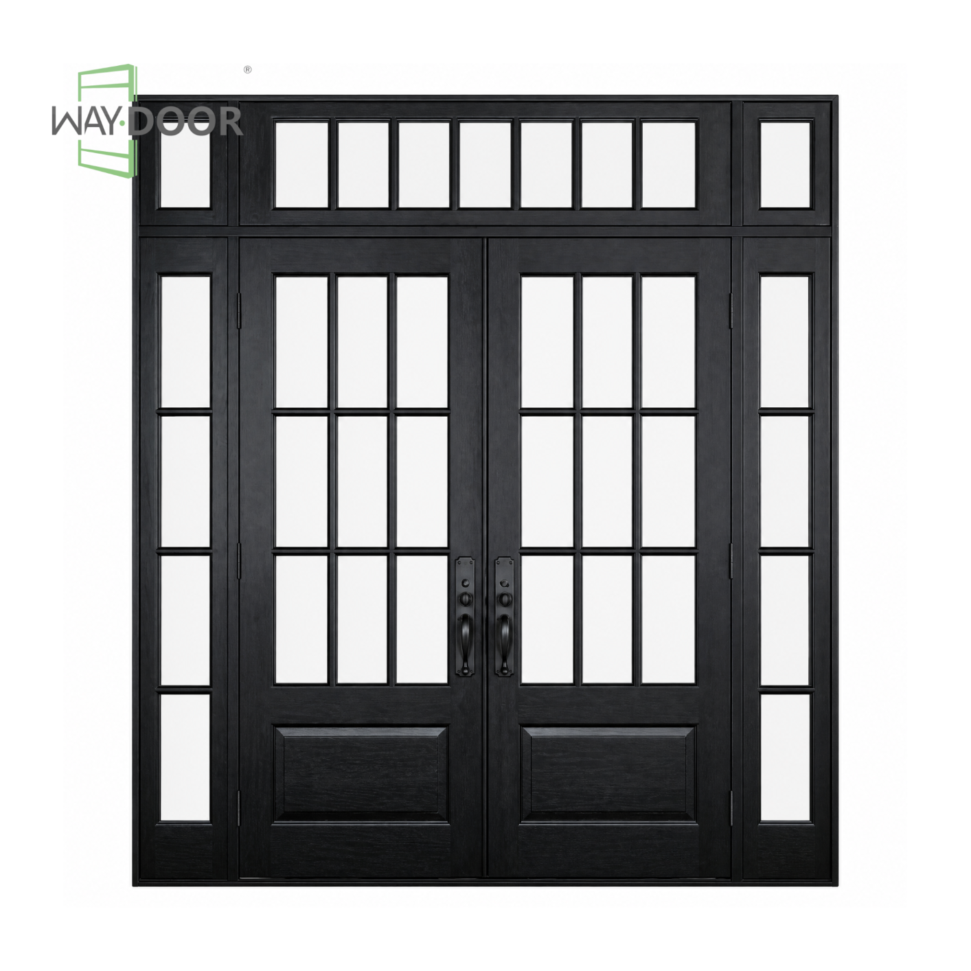 Black Solid Wood Hinged Exterior Double Door with Sidelights and Transom