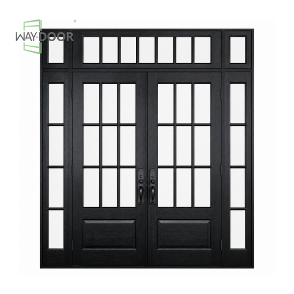 Black Solid Wood Hinged Exterior Double Door with Sidelights and Transom