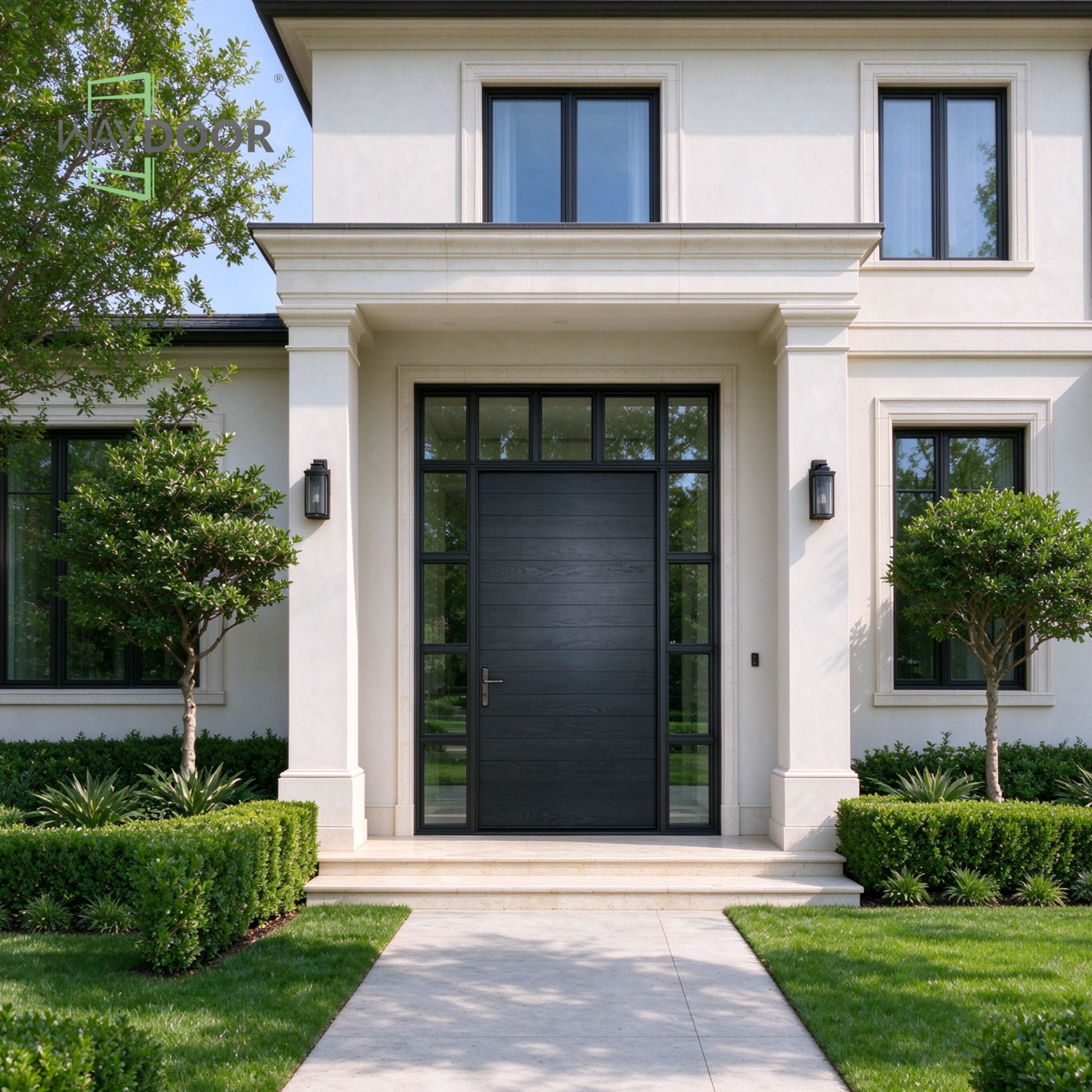 Black Transitional Solid Wood Hinged Entry Door with Multi-Pane Sidelites & Transom Window