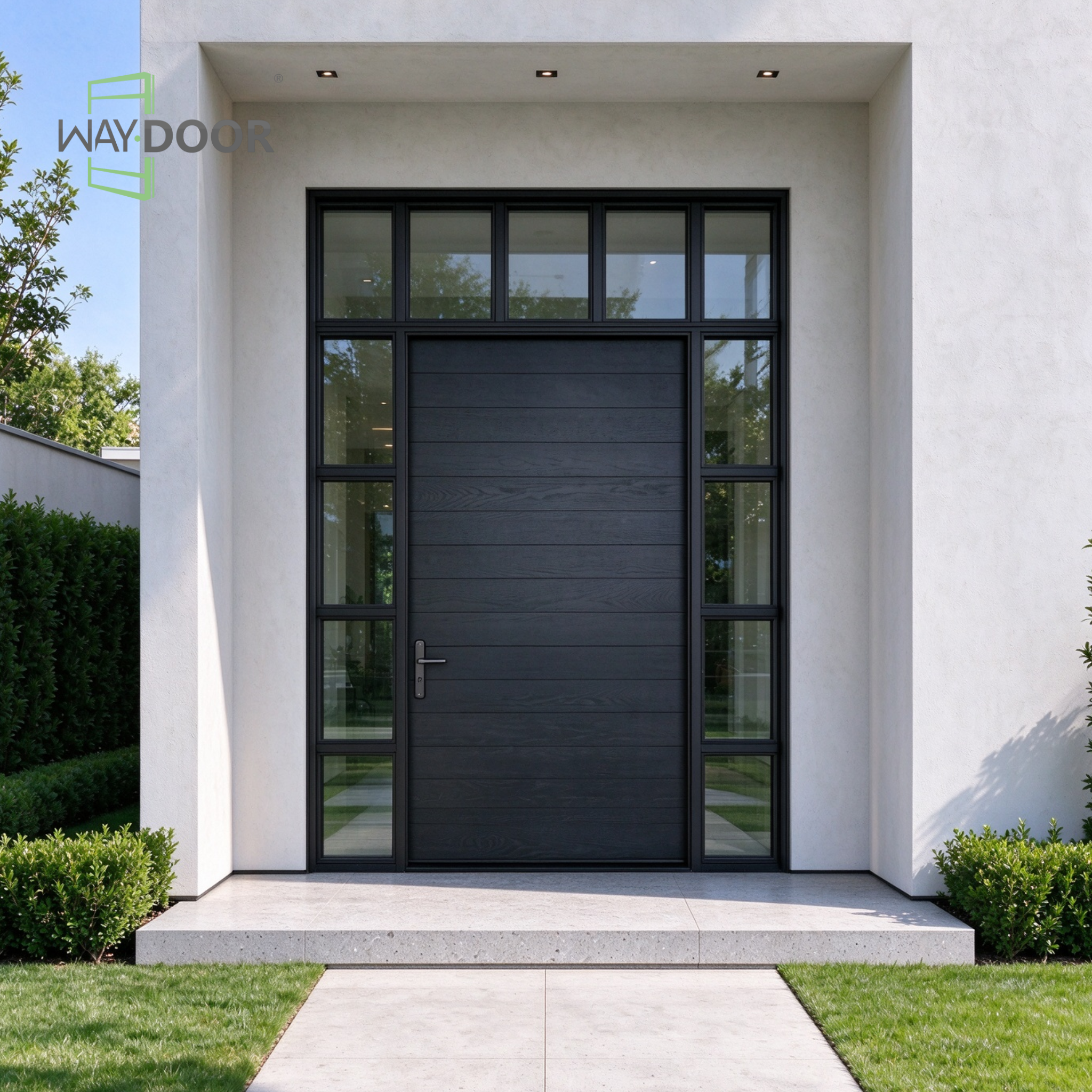 Black Transitional Solid Wood Hinged Entry Door with Multi-Pane Sidelites & Transom Window