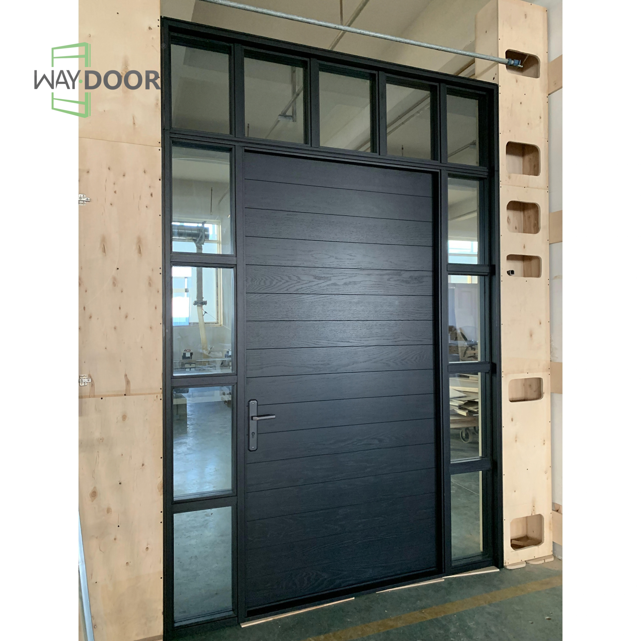 Black Transitional Solid Wood Hinged Entry Door with Multi-Pane Sidelites & Transom Window