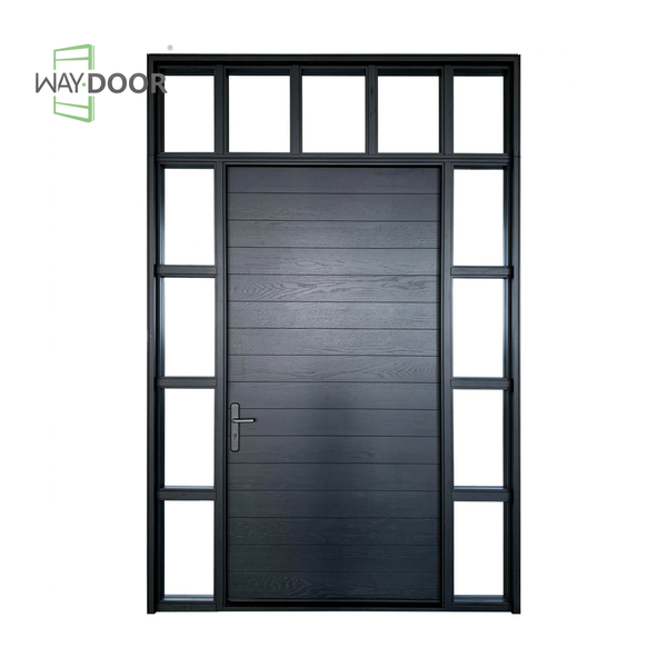 Black Transitional Solid Wood Hinged Entry Door with Multi-Pane Sidelites & Transom Window