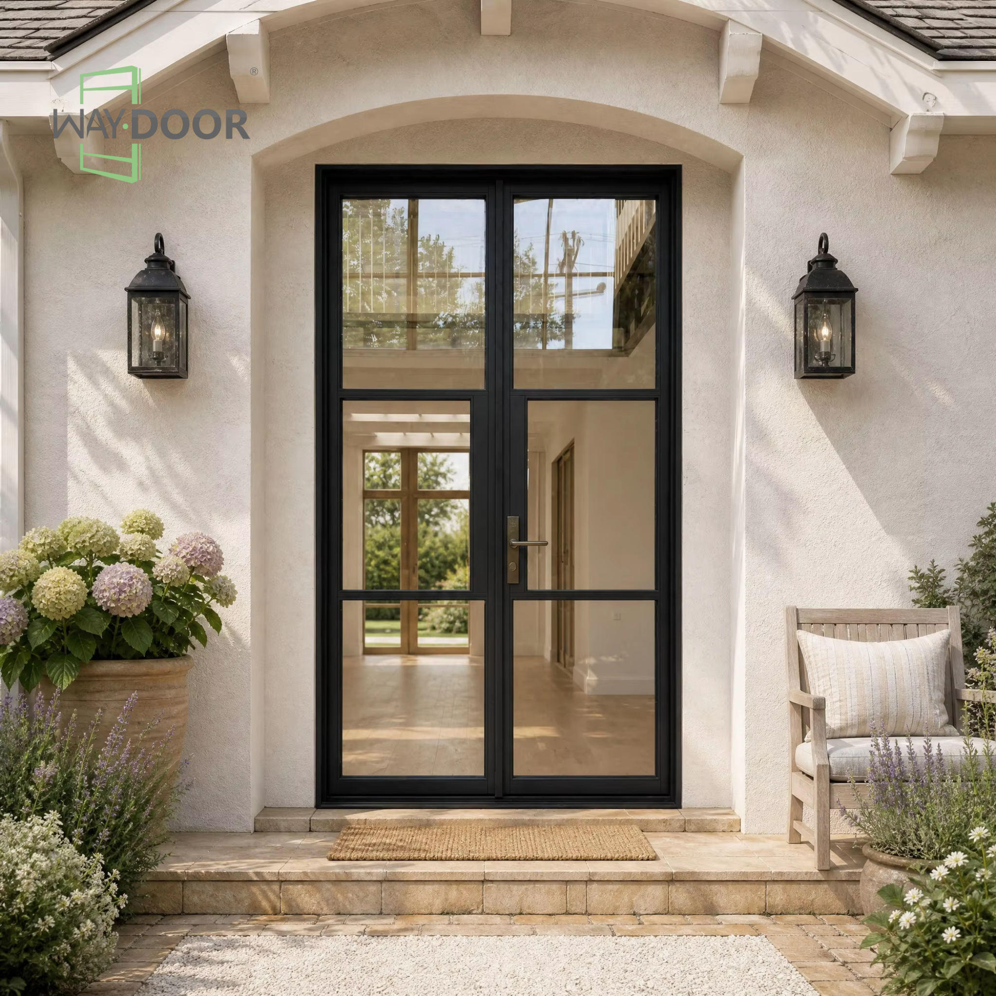 Black‑Frame Double Solid Wood Hinged Exterior Door with Clear Glass