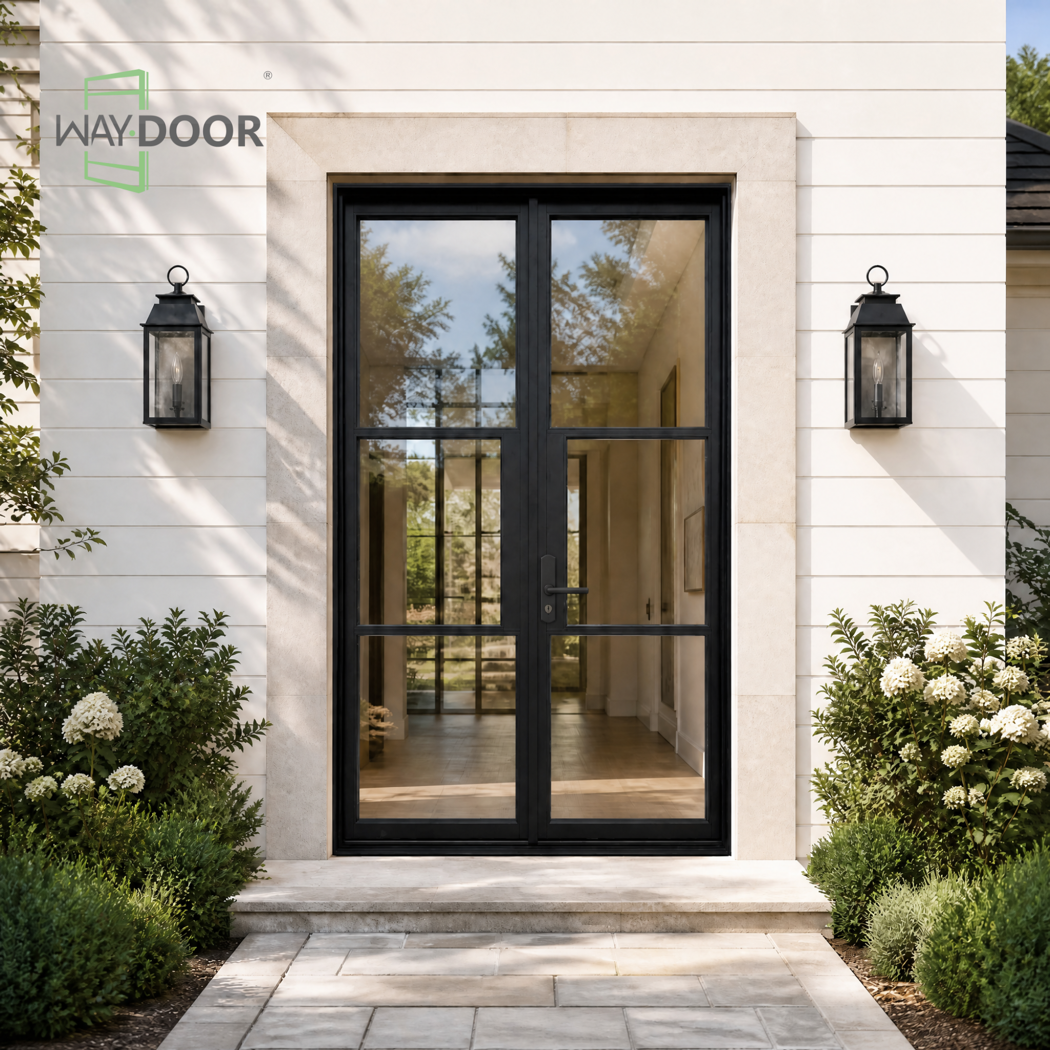 Black‑Frame Double Solid Wood Hinged Exterior Door with Clear Glass