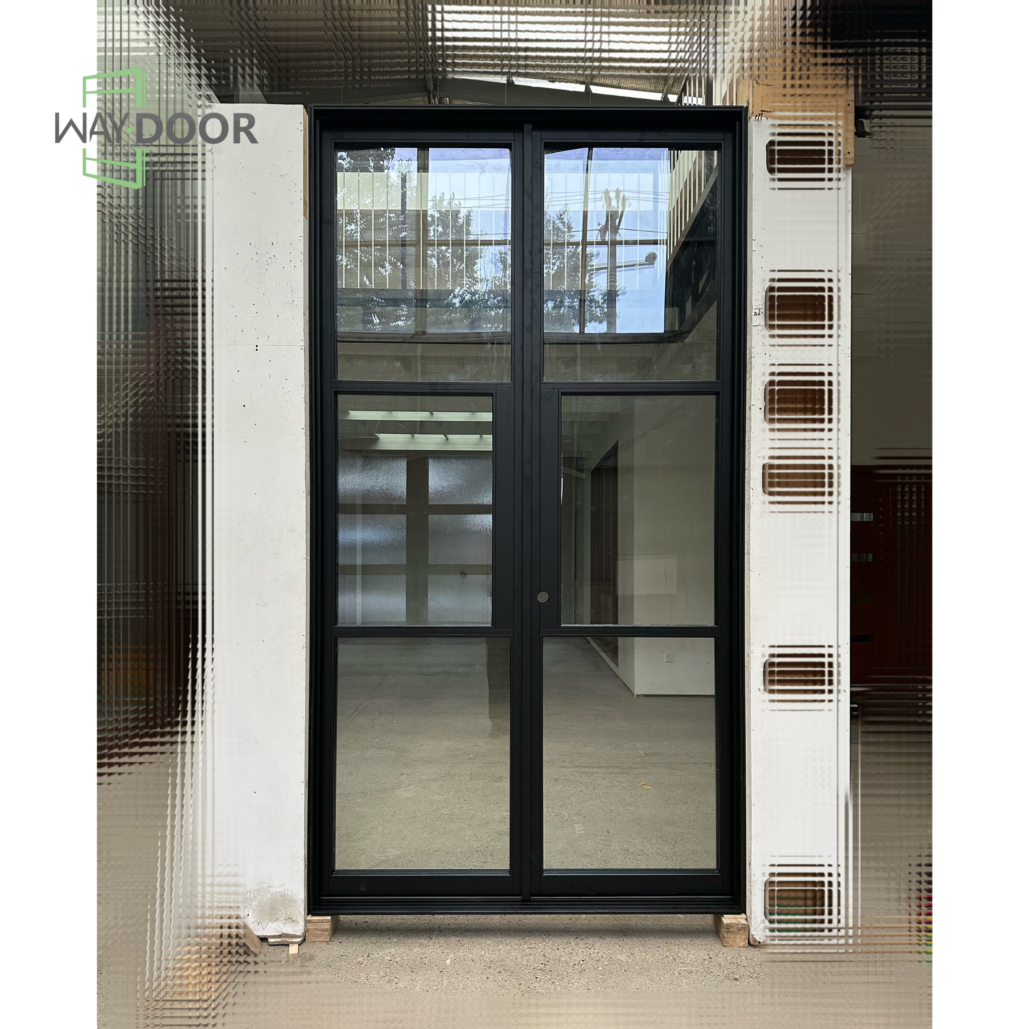 Black‑Frame Double Solid Wood Hinged Exterior Door with Clear Glass