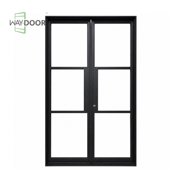 Black‑Frame Double Solid Wood Hinged Exterior Door with Clear Glass