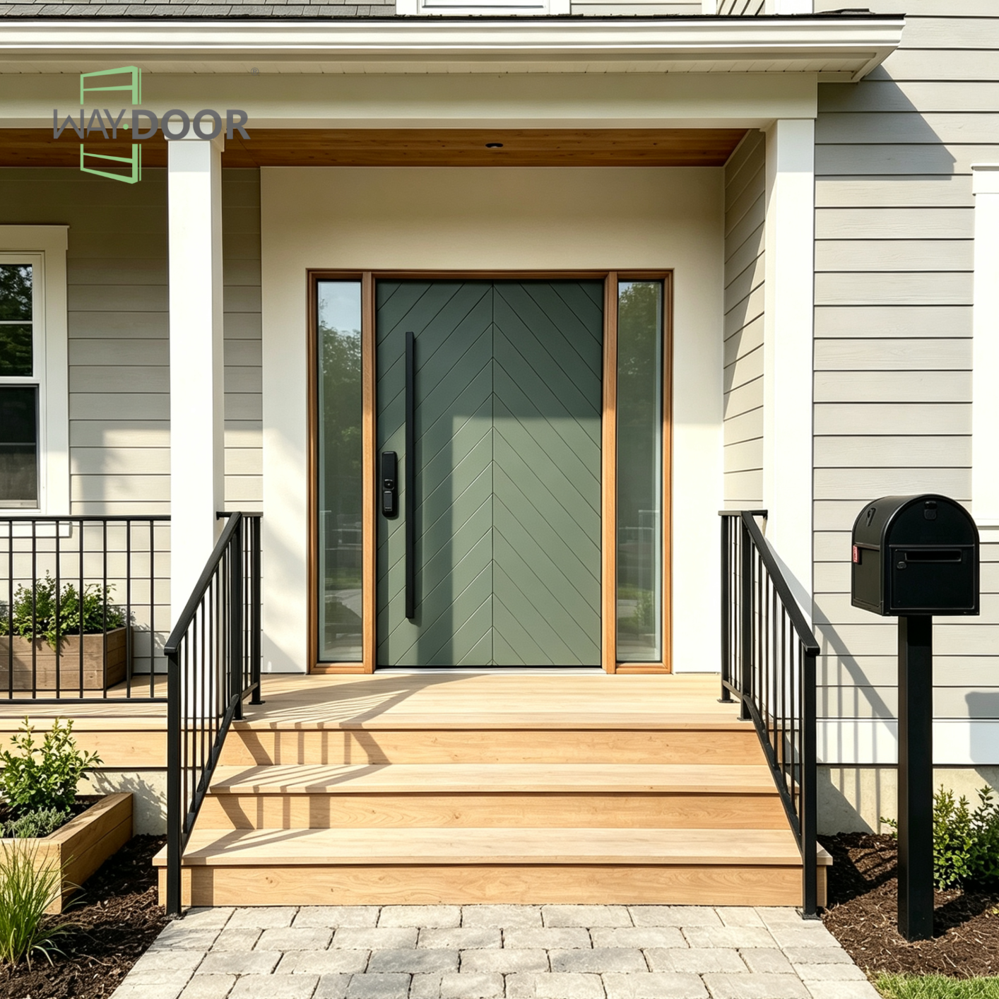 Chevron Sage Solid Wood Pivot Entry Door with Sidelights