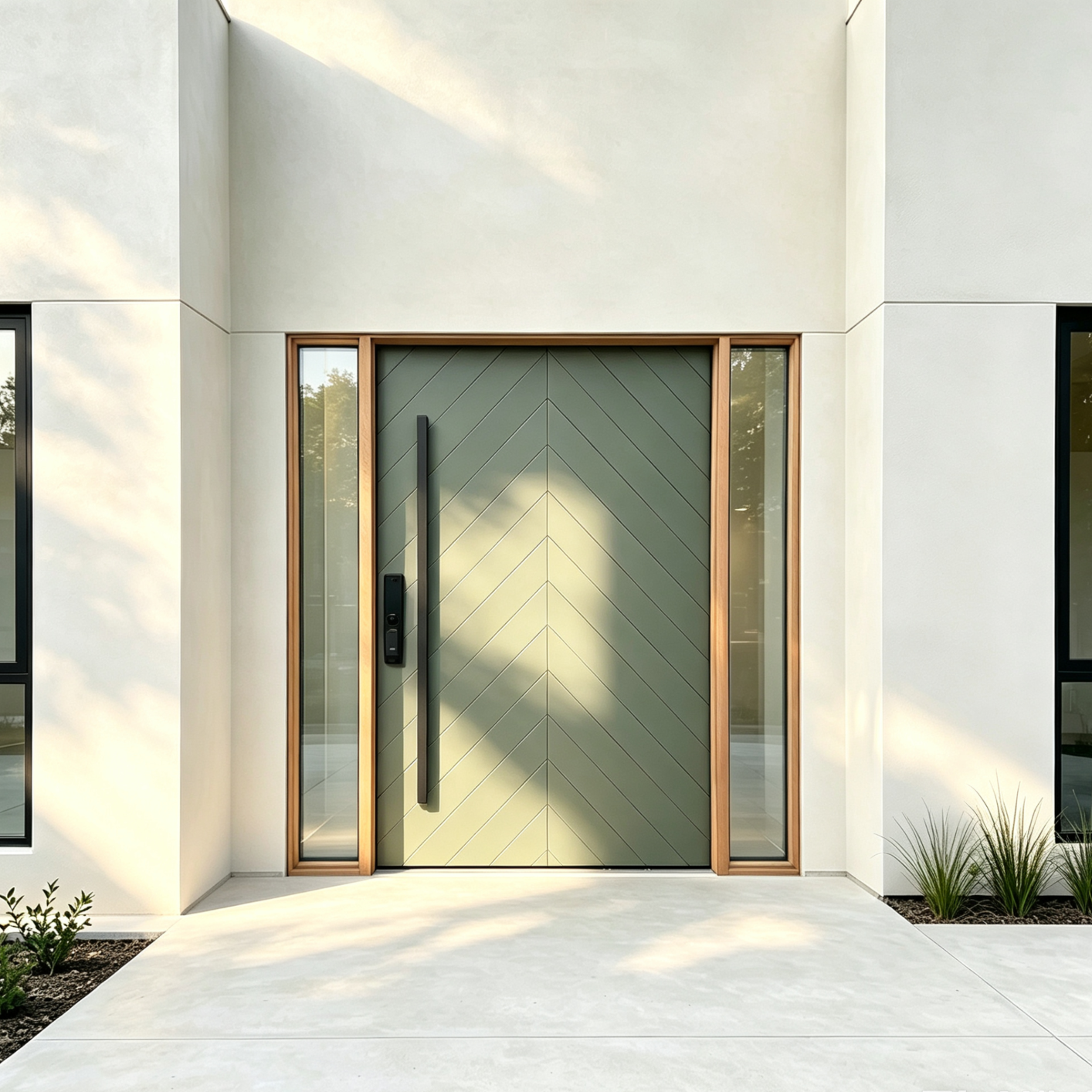 Chevron Sage Solid Wood Pivot Entry Door with Sidelights
