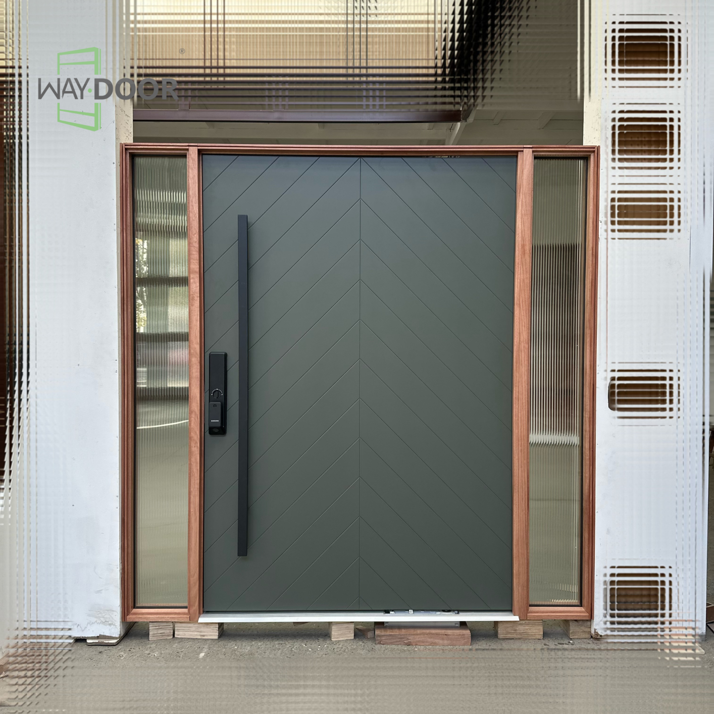 Chevron Sage Solid Wood Pivot Entry Door with Sidelights