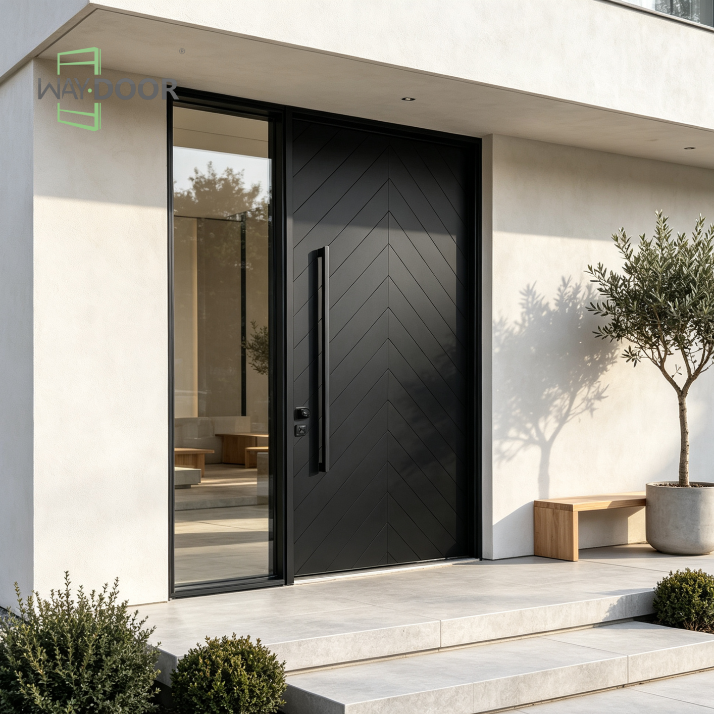 Chevron Solid Wood Pivot Entry Door with Sidelite