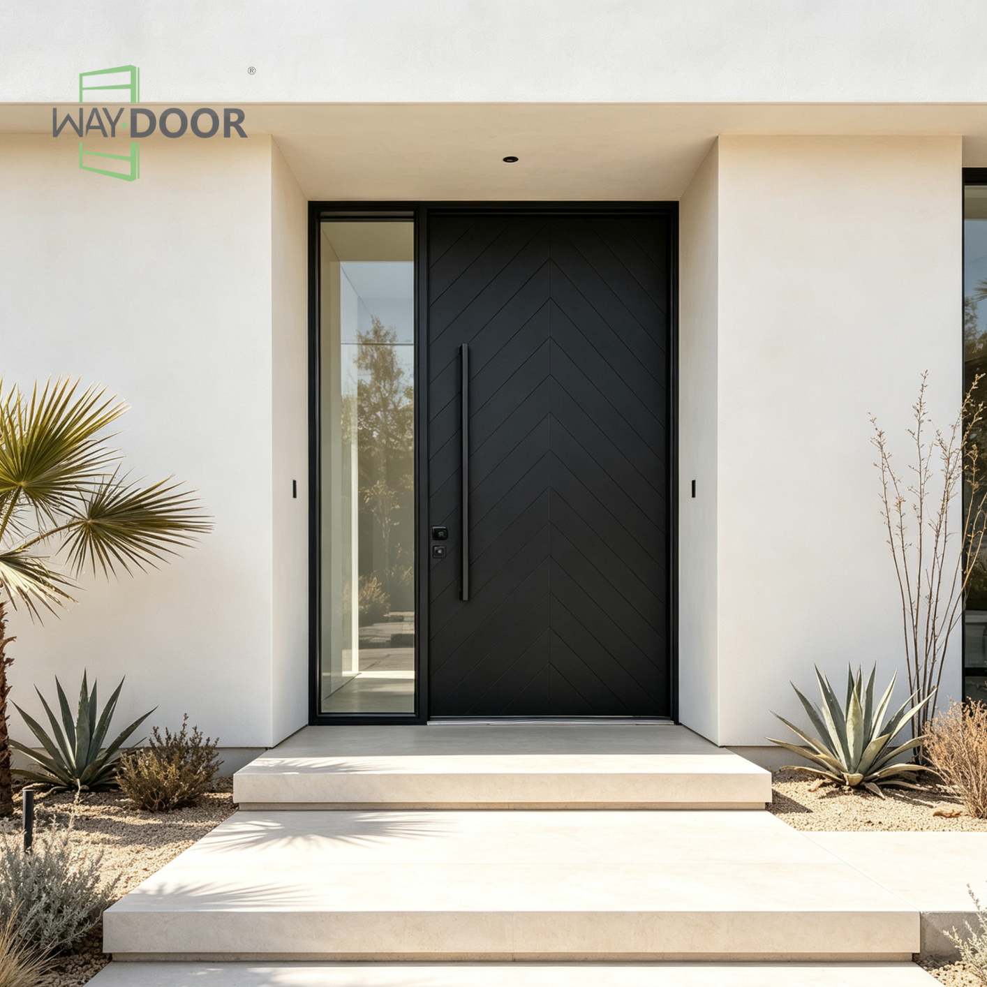Chevron Solid Wood Pivot Entry Door with Sidelite