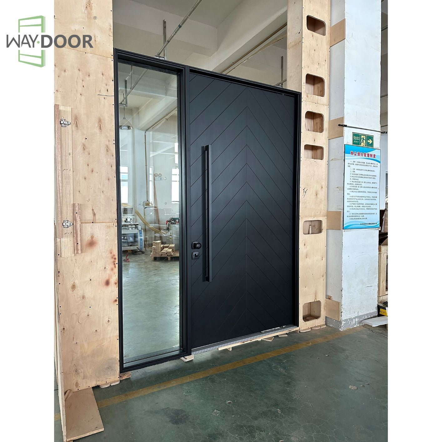 Chevron Solid Wood Pivot Entry Door with Sidelite