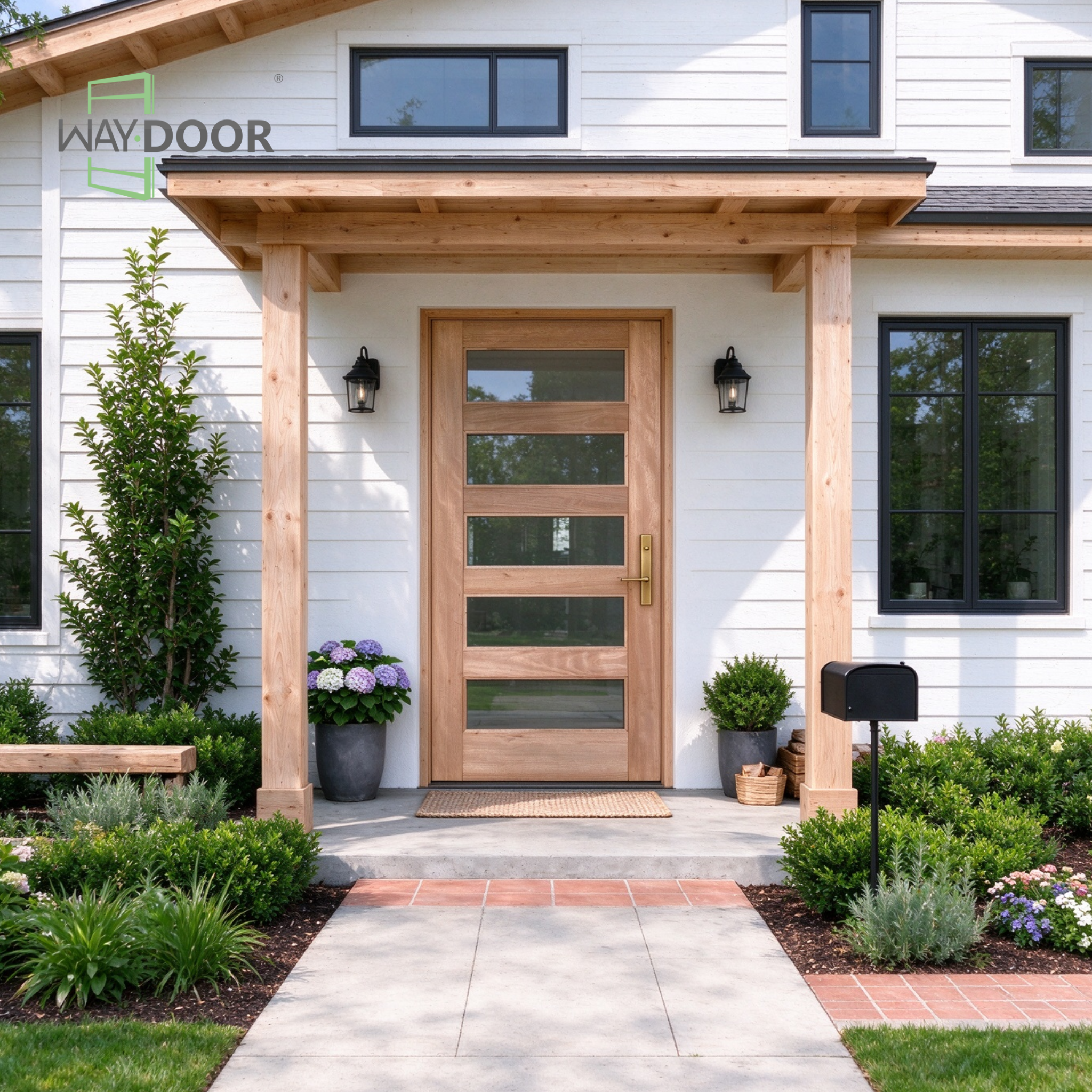 Contemporary 5-Lite Clear Glass Mahogany Hinged Exterior Door