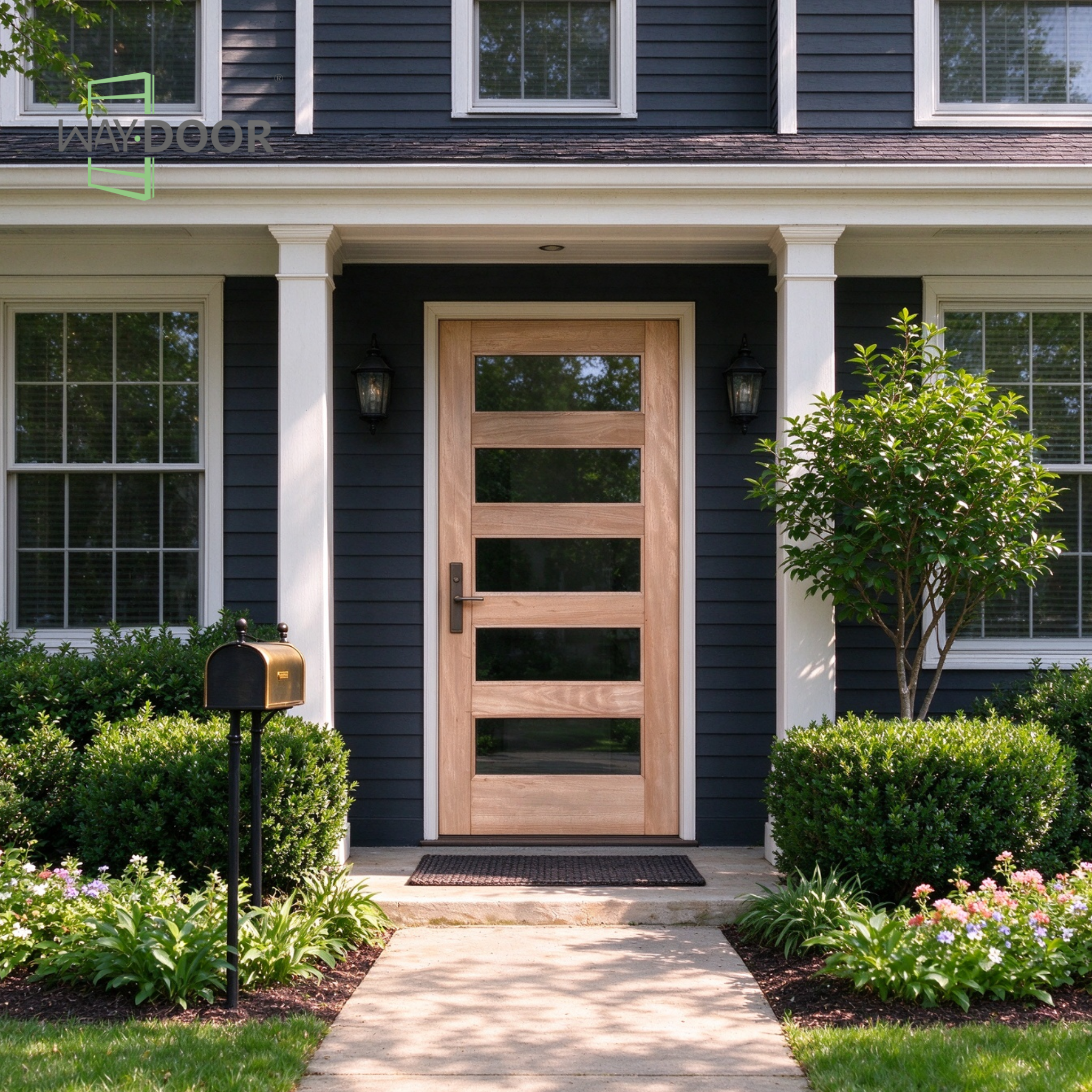 Contemporary 5-Lite Clear Glass Mahogany Hinged Exterior Door