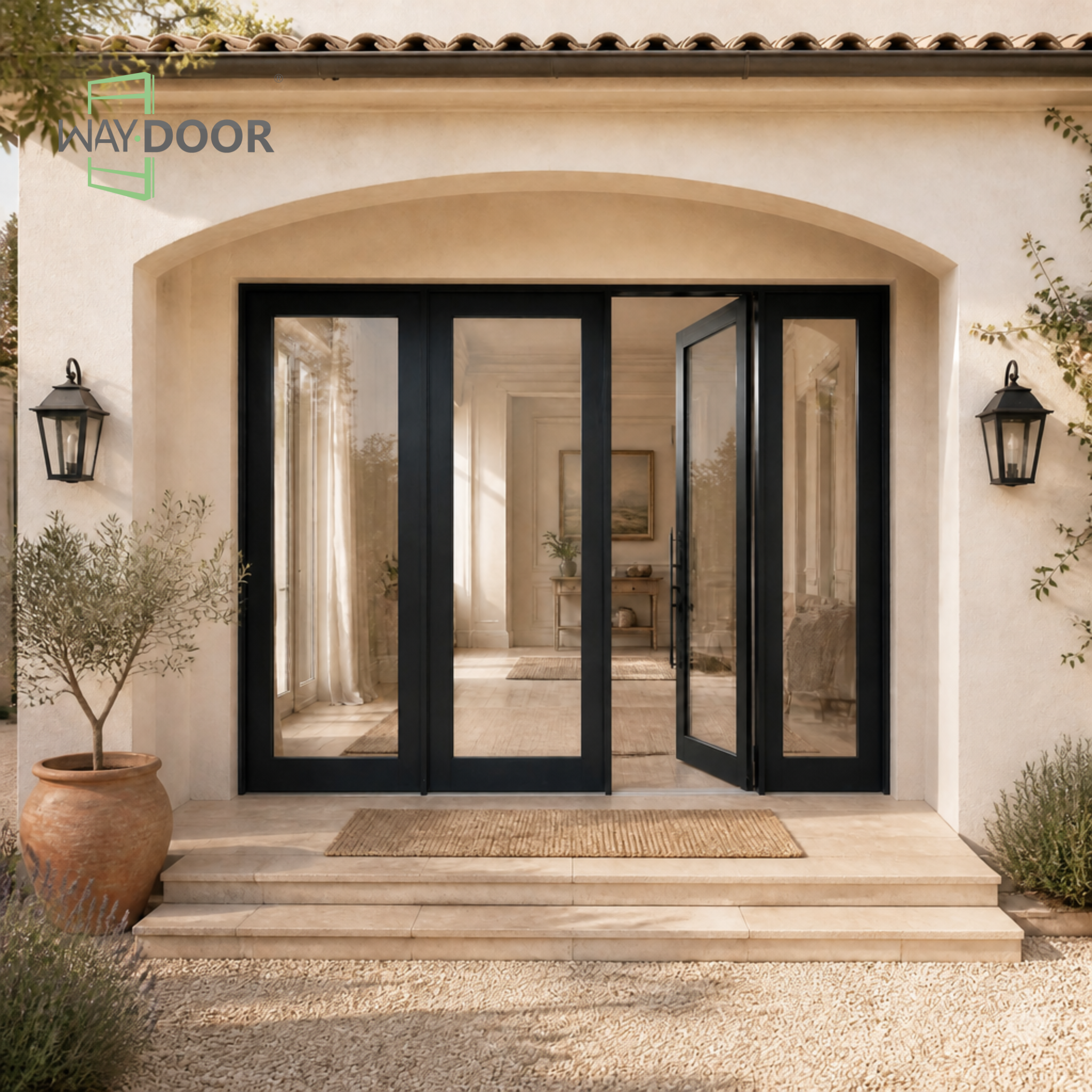Contemporary Black Solid Wood Pivot Exterior Door with Triple Sidelights