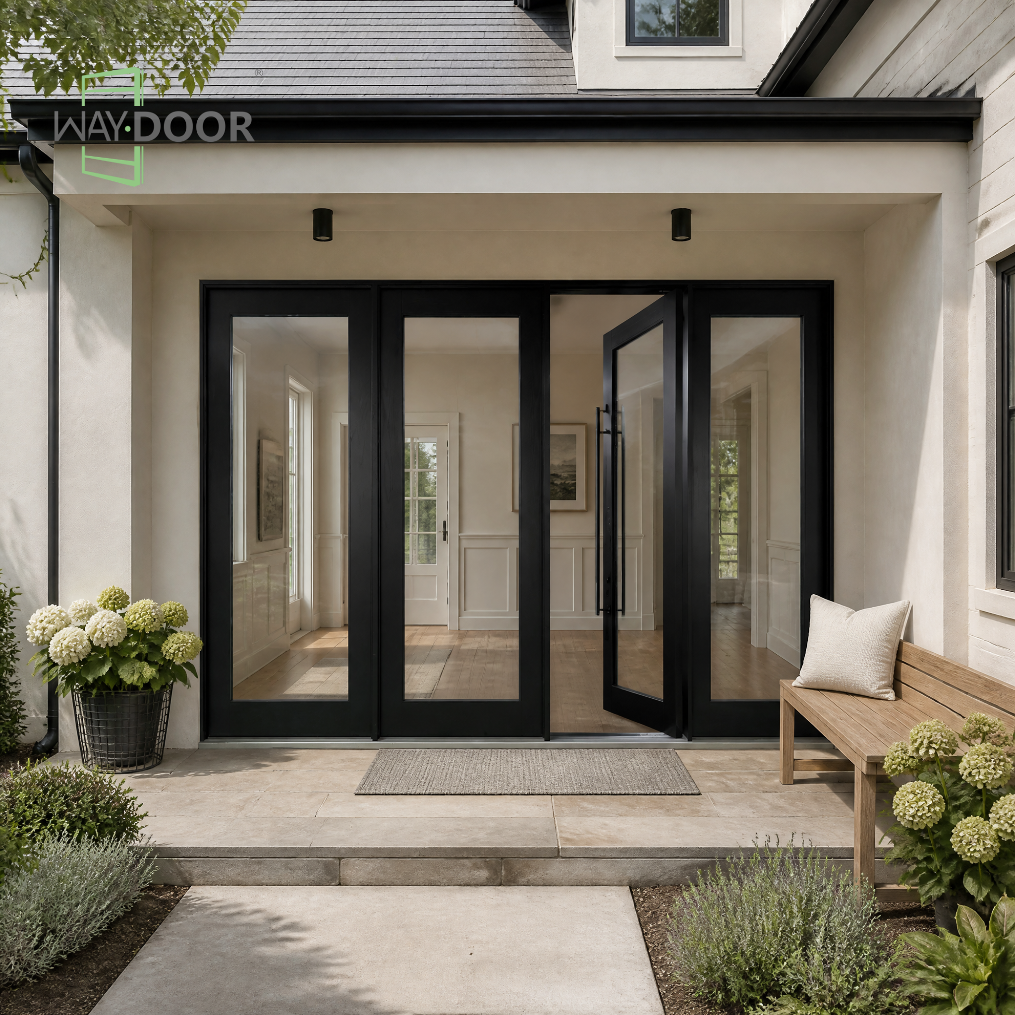 Contemporary Black Solid Wood Pivot Exterior Door with Triple Sidelights