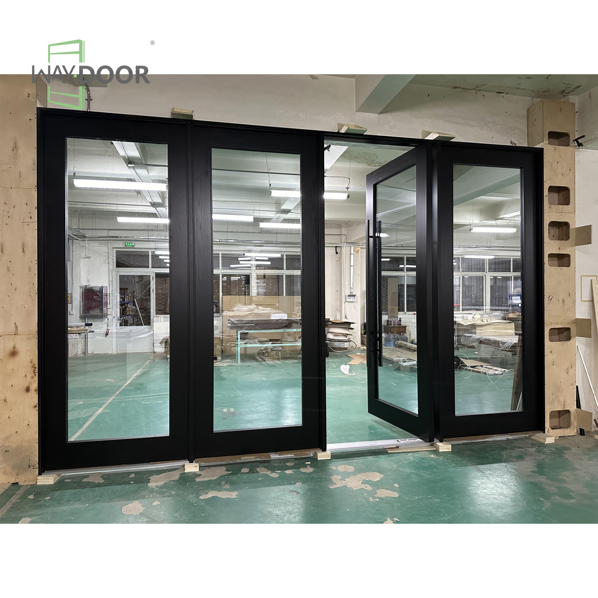 Contemporary Black Solid Wood Pivot Exterior Door with Triple Sidelights