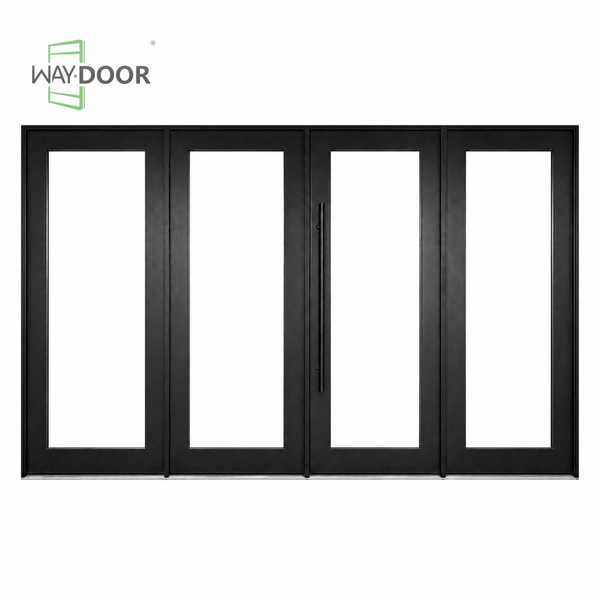 Contemporary Black Solid Wood Pivot Exterior Door with Triple Sidelights