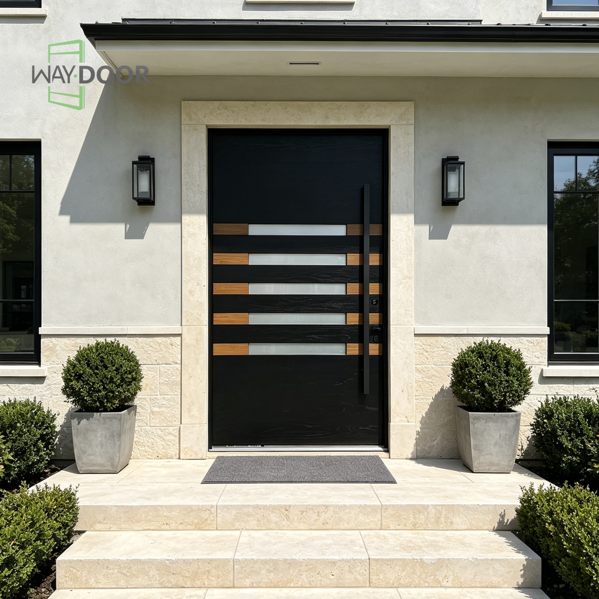 Contemporary Black Solid Wood Pivot Front Door with Frosted Glass