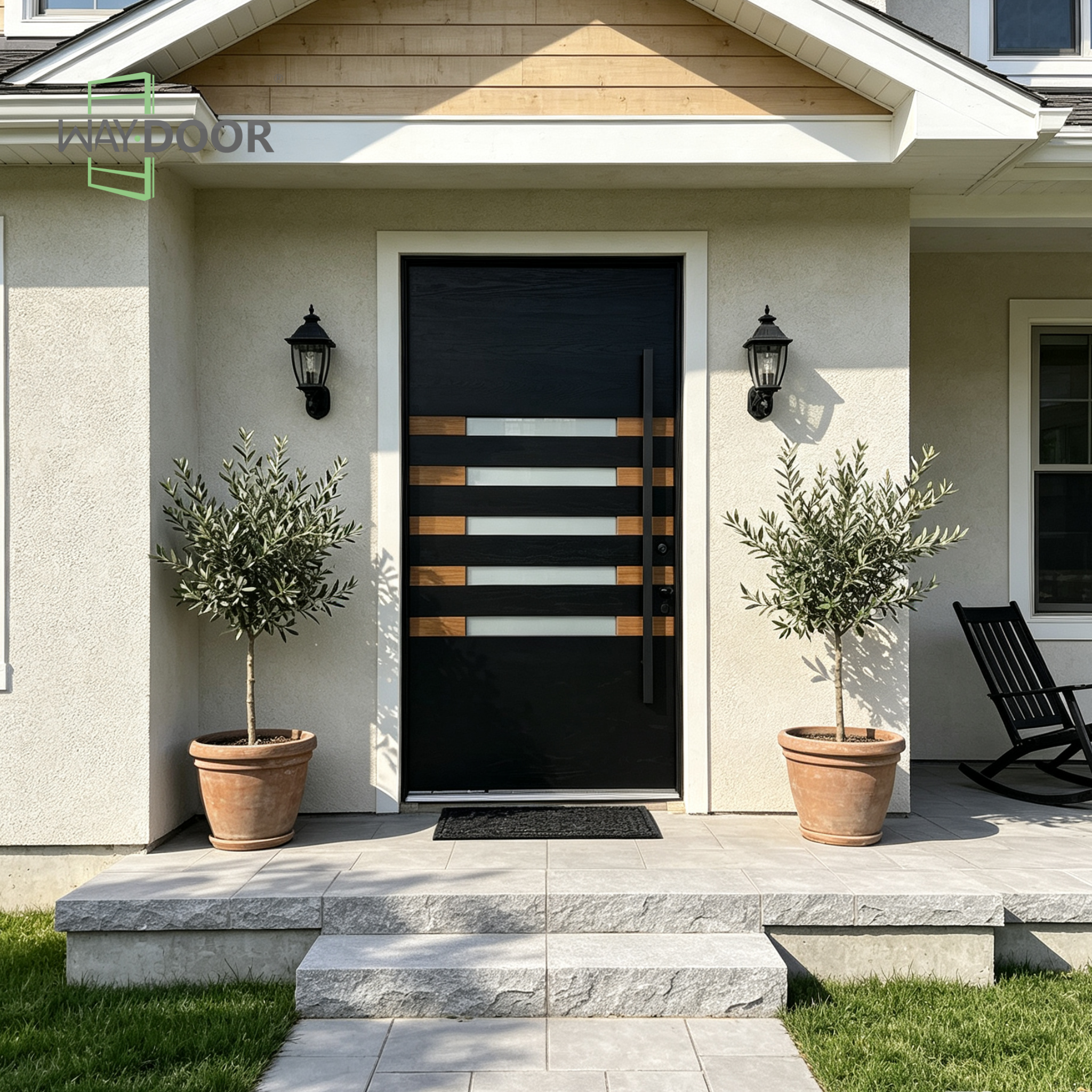 Contemporary Black Solid Wood Pivot Front Door with Frosted Glass