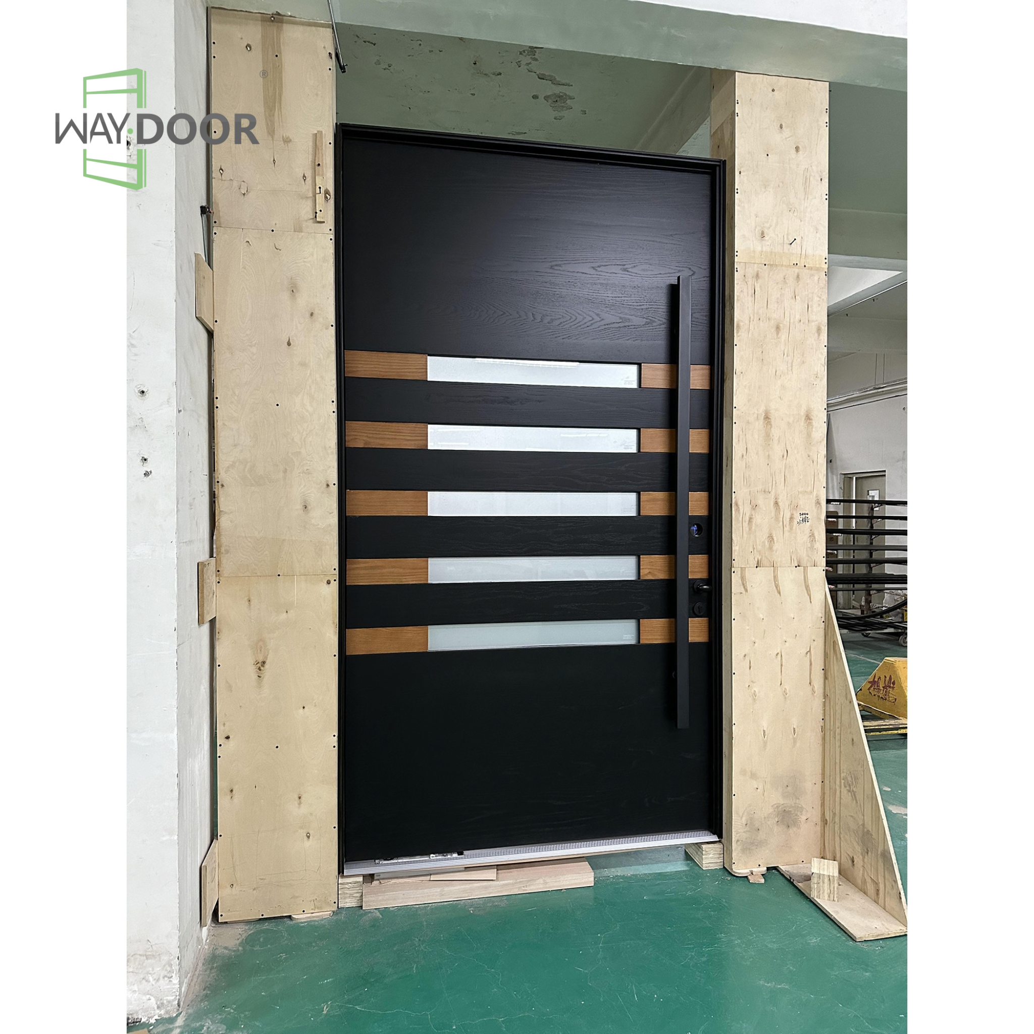 Contemporary Black Solid Wood Pivot Front Door with Frosted Glass