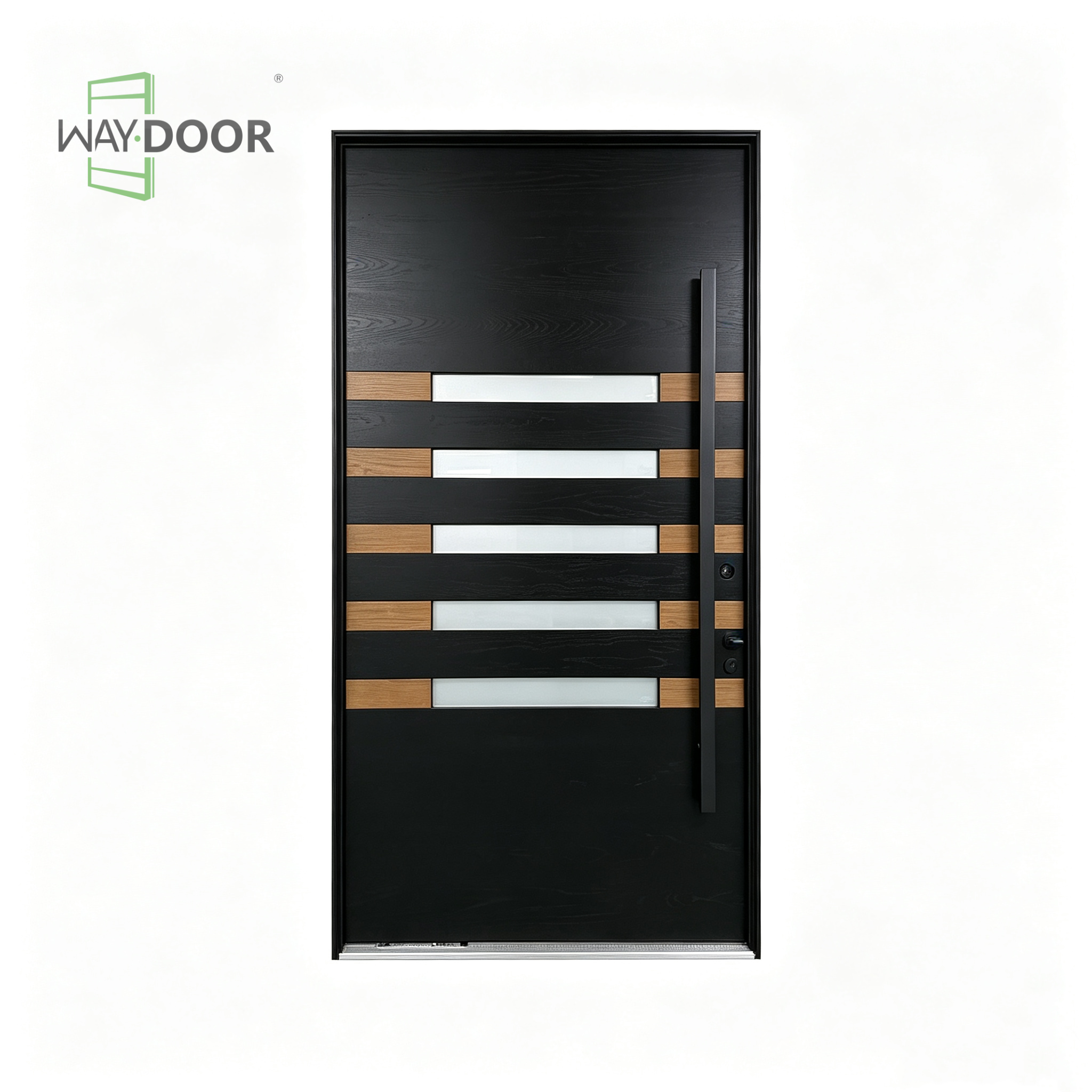 Contemporary Black Solid Wood Pivot Front Door with Frosted Glass