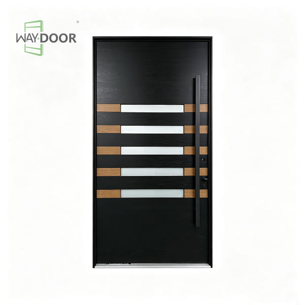 Contemporary Black Solid Wood Pivot Front Door with Frosted Glass