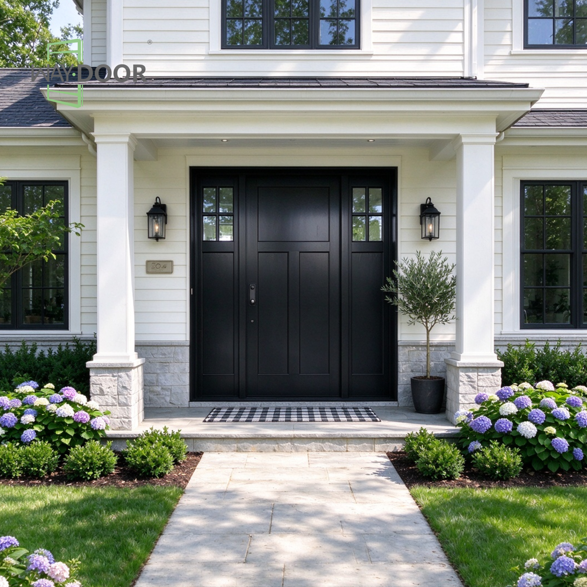 Contemporary Craftsman Black Solid Wood Hinged Entry Door with Double Sidelites