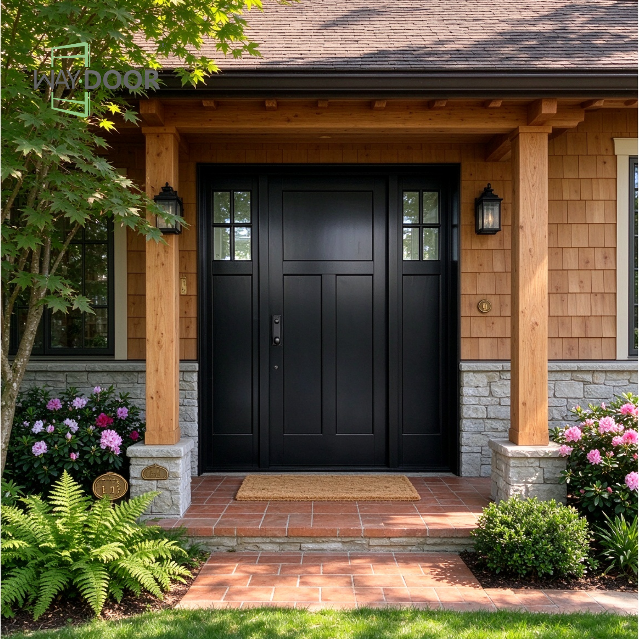 Contemporary Craftsman Black Solid Wood Hinged Entry Door with Double Sidelites