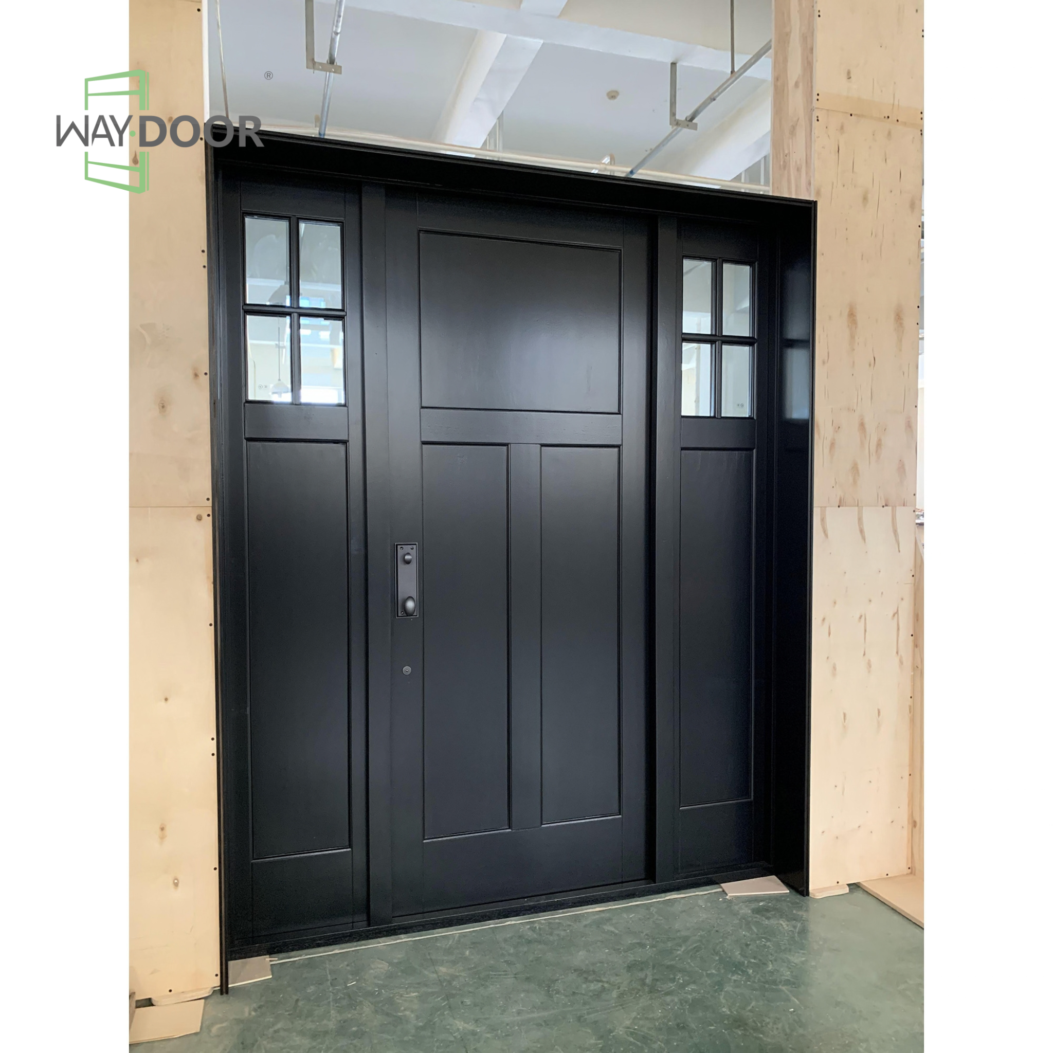 Contemporary Craftsman Black Solid Wood Hinged Entry Door with Double Sidelites