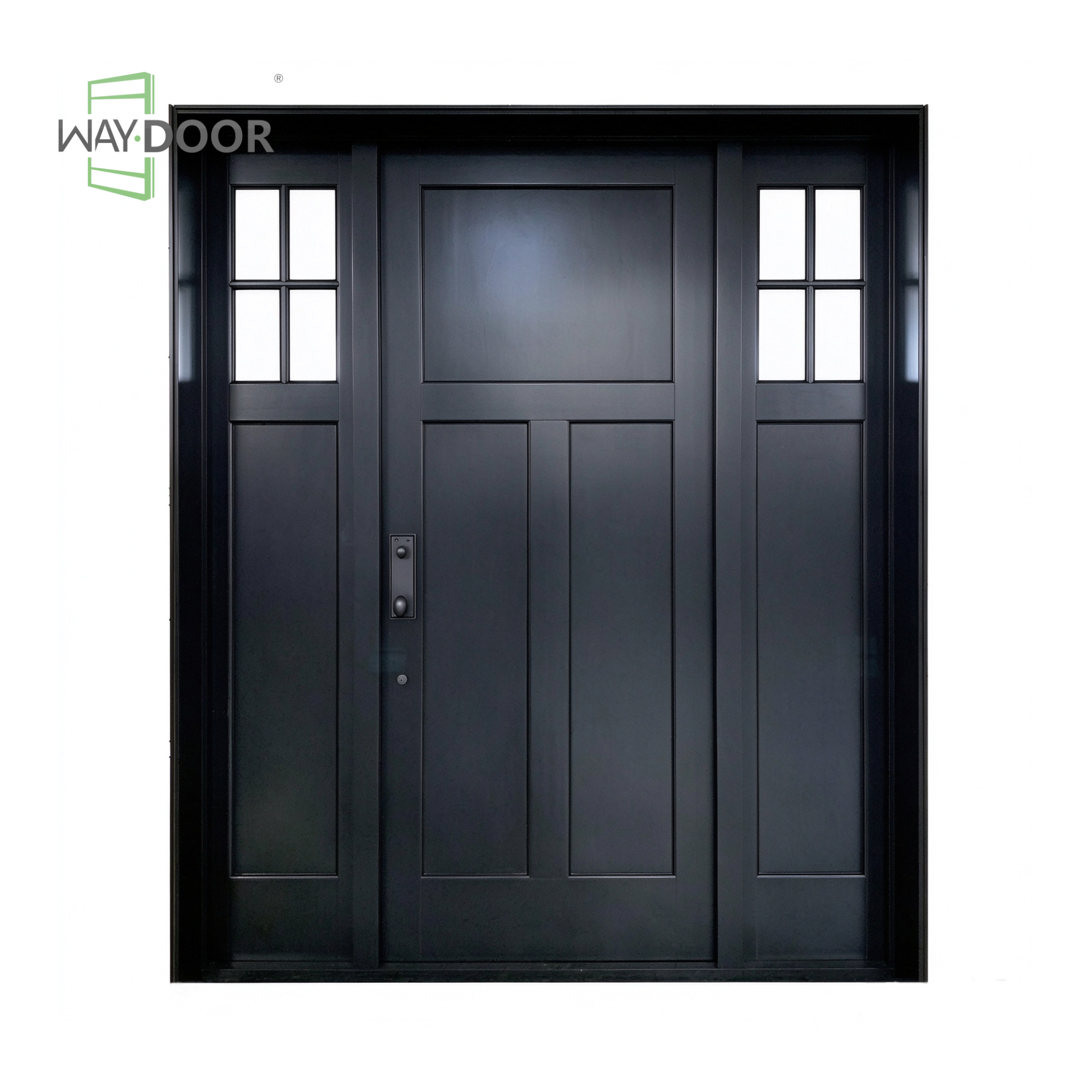 Contemporary Craftsman Black Solid Wood Hinged Entry Door with Double Sidelites