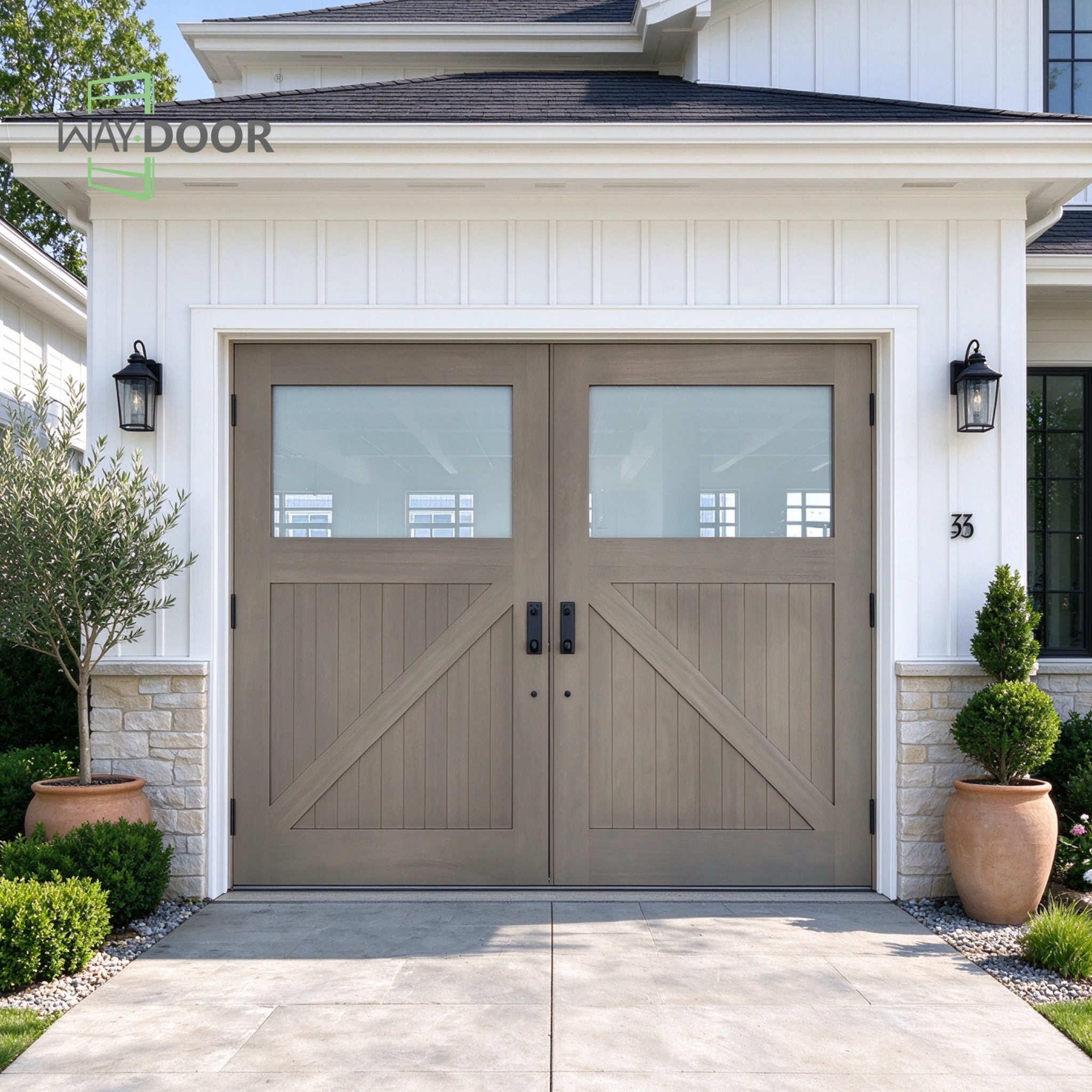 Contemporary Craftsman Solid Wood Hinged Double Garage Door with Frosted Glass