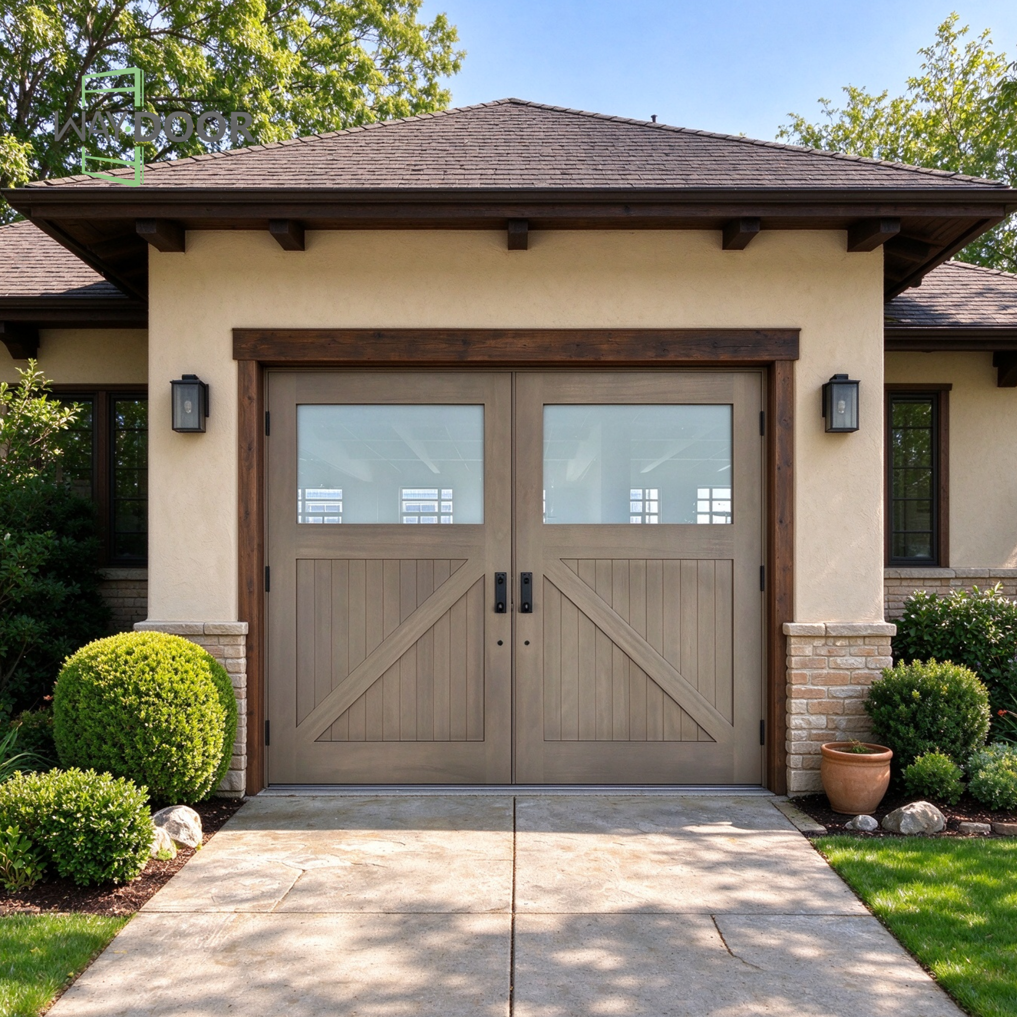 Contemporary Craftsman Solid Wood Hinged Double Garage Door with Frosted Glass