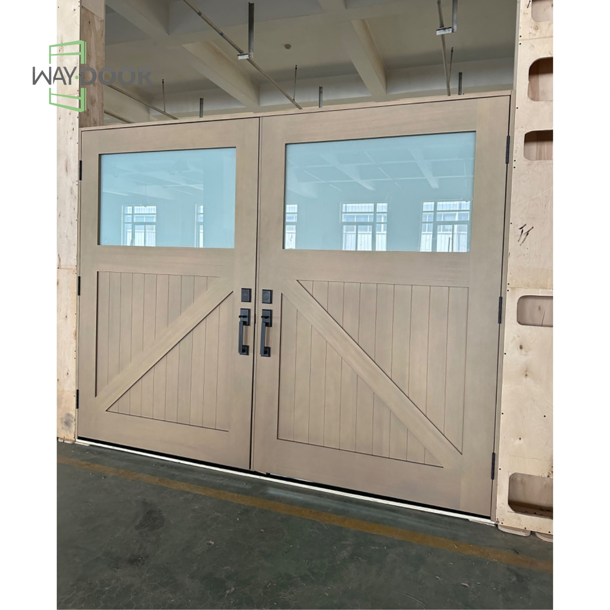 Contemporary Craftsman Solid Wood Hinged Double Garage Door with Frosted Glass