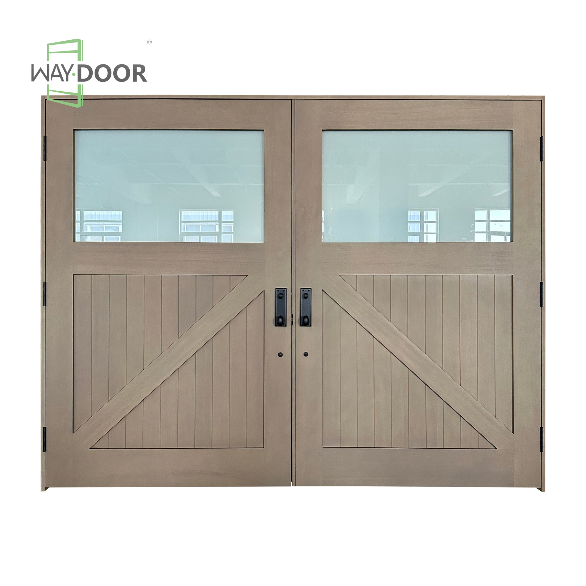 Contemporary Craftsman Solid Wood Hinged Double Garage Door with Frosted Glass