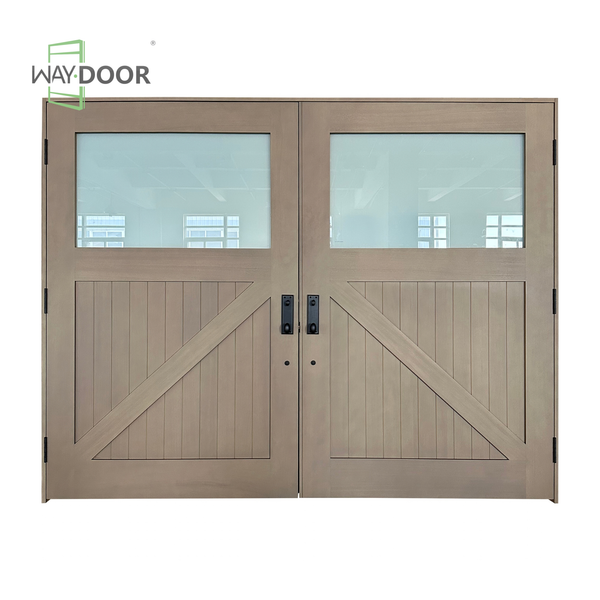Contemporary Craftsman Solid Wood Hinged Double Garage Door with Frosted Glass