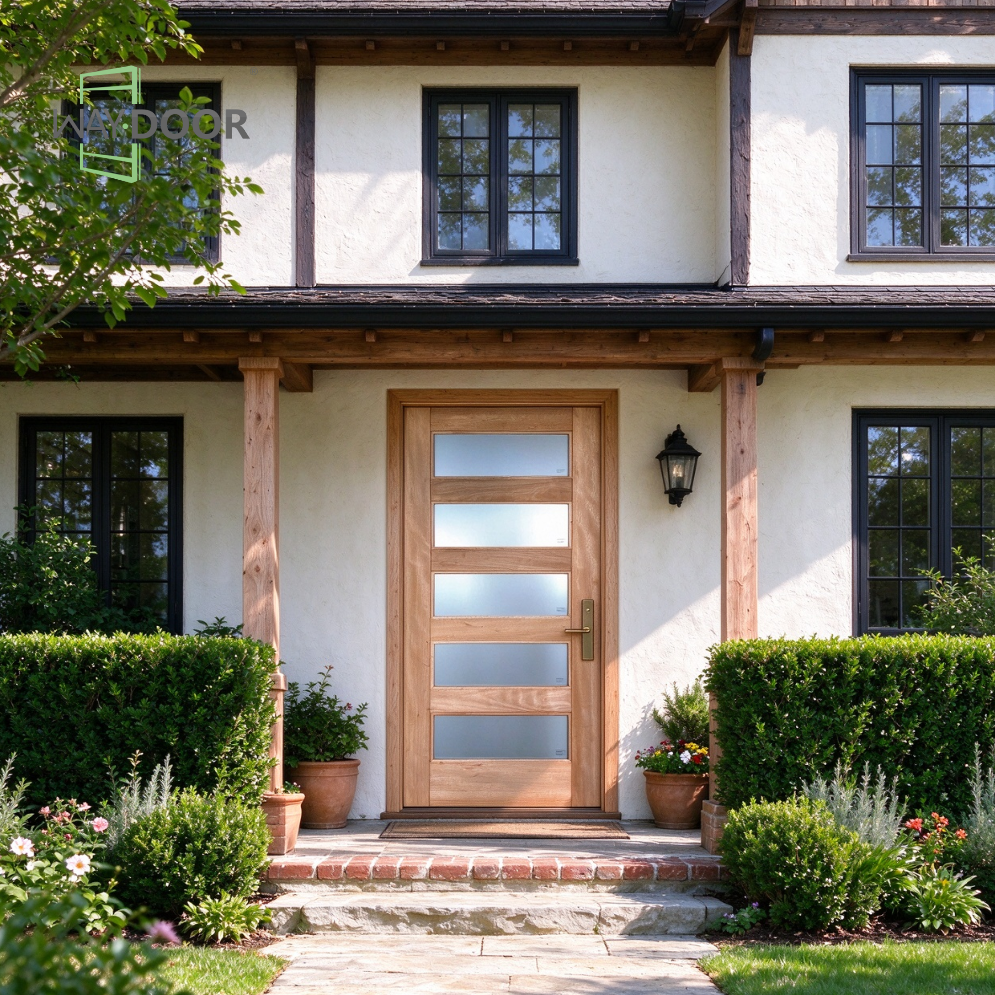 Contemporary Mahogany 5-Lite Frosted Hinged Exterior Door