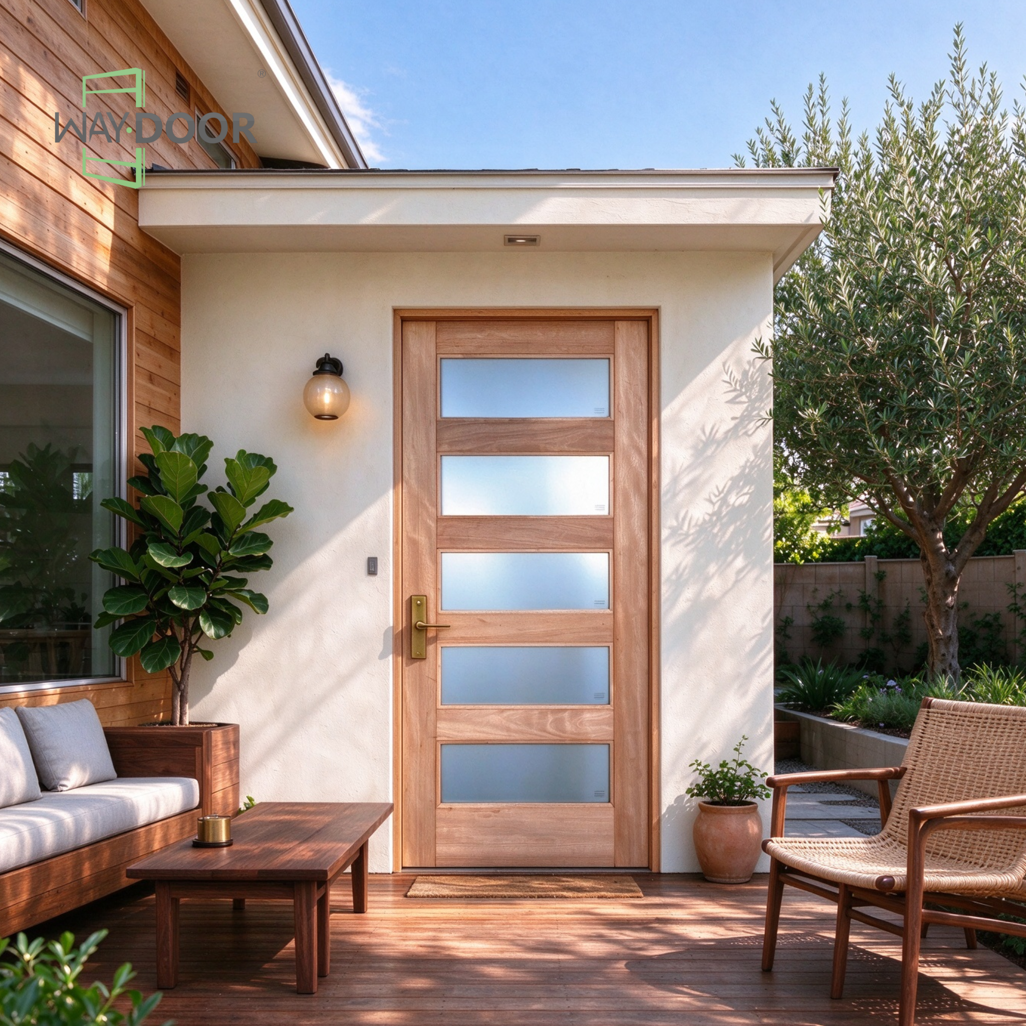 Contemporary Mahogany 5-Lite Frosted Hinged Exterior Door