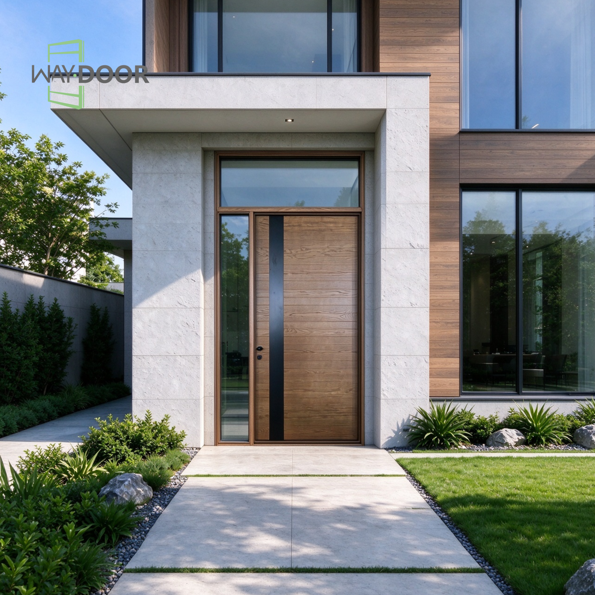 Contemporary Walnut Solid Wood Hinged Entry Door with Sidelite & Transom Window