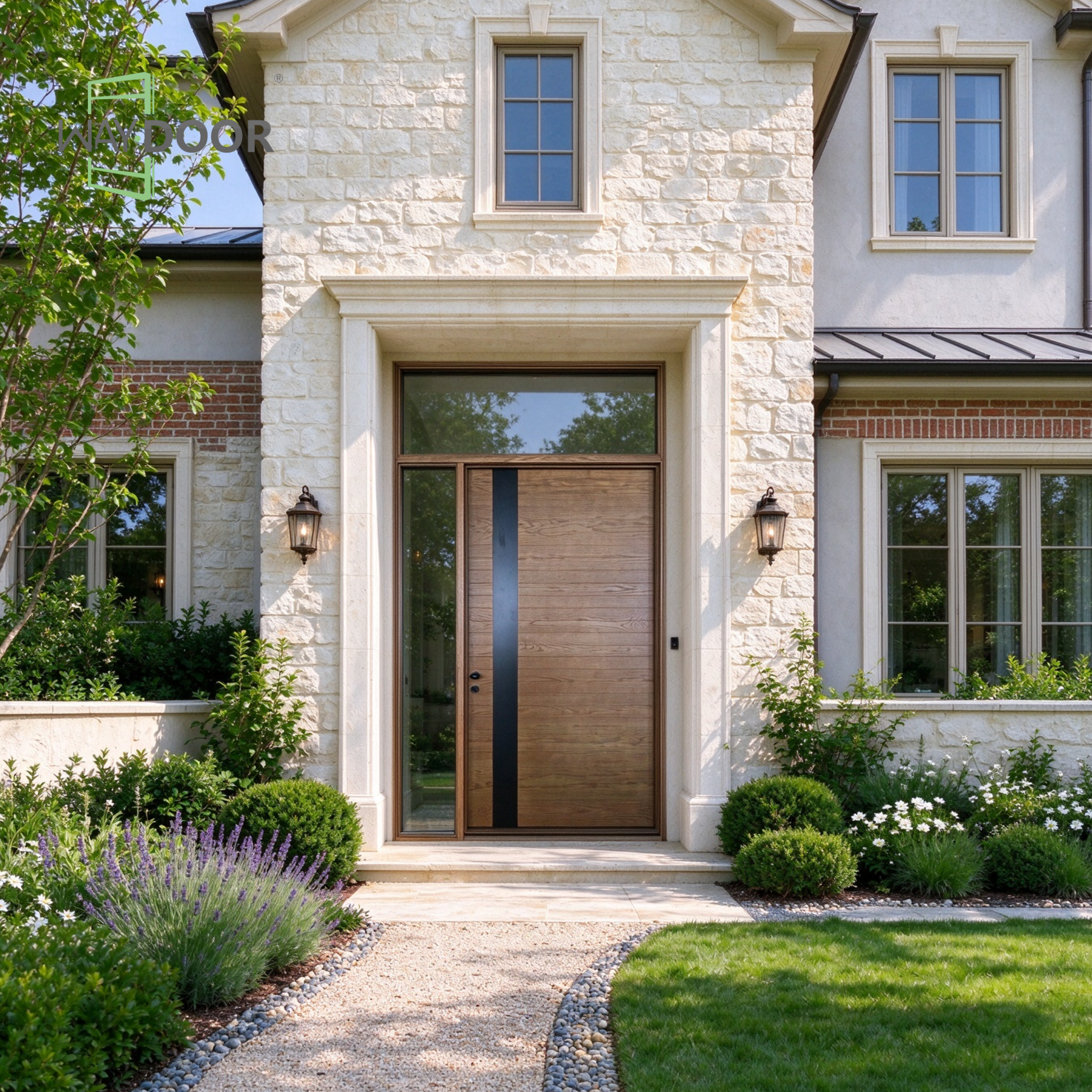 Contemporary Walnut Solid Wood Hinged Entry Door with Sidelite & Transom Window