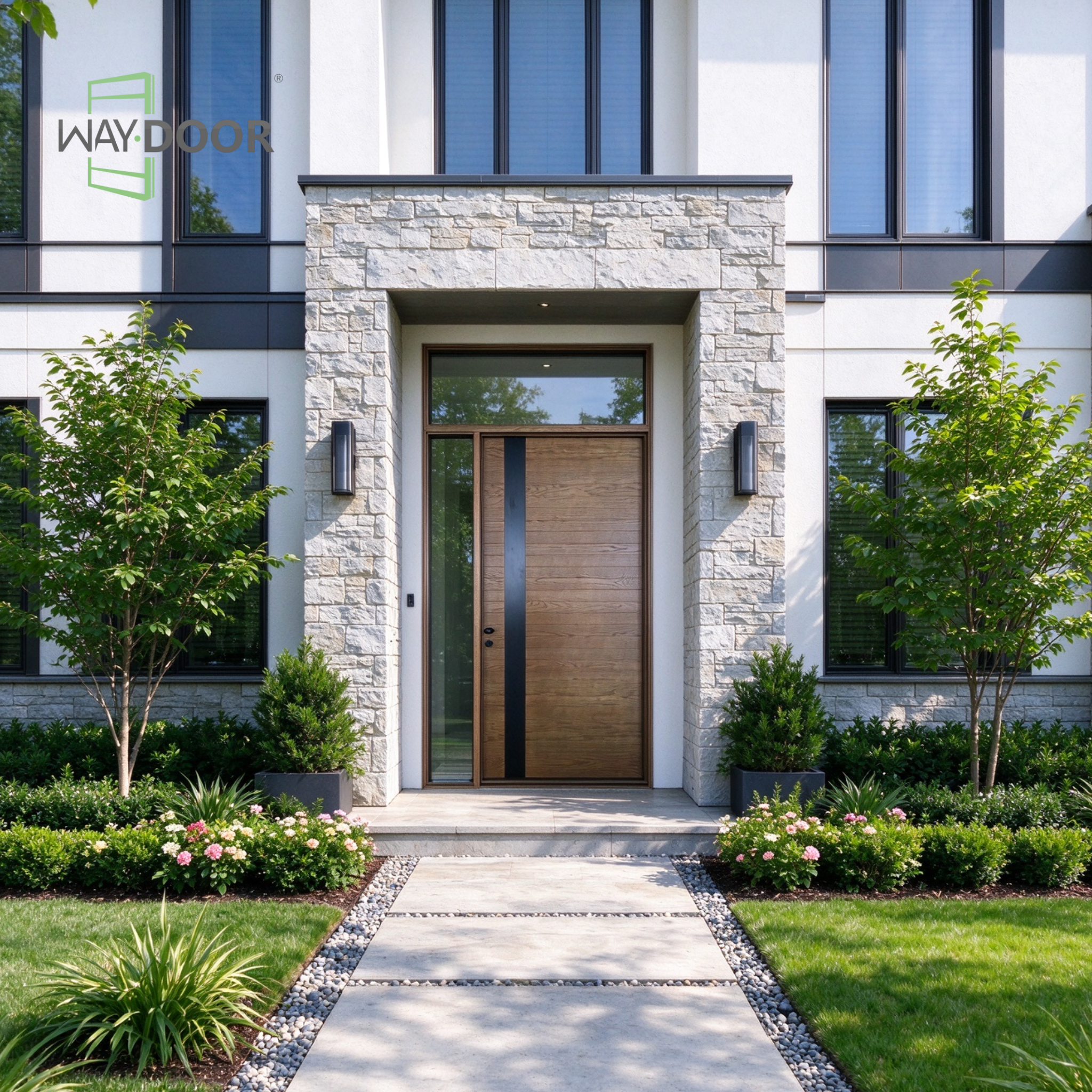 Contemporary Walnut Solid Wood Hinged Entry Door with Sidelite & Transom Window