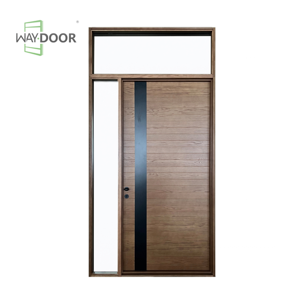 Contemporary Walnut Solid Wood Hinged Entry Door with Sidelite & Transom Window