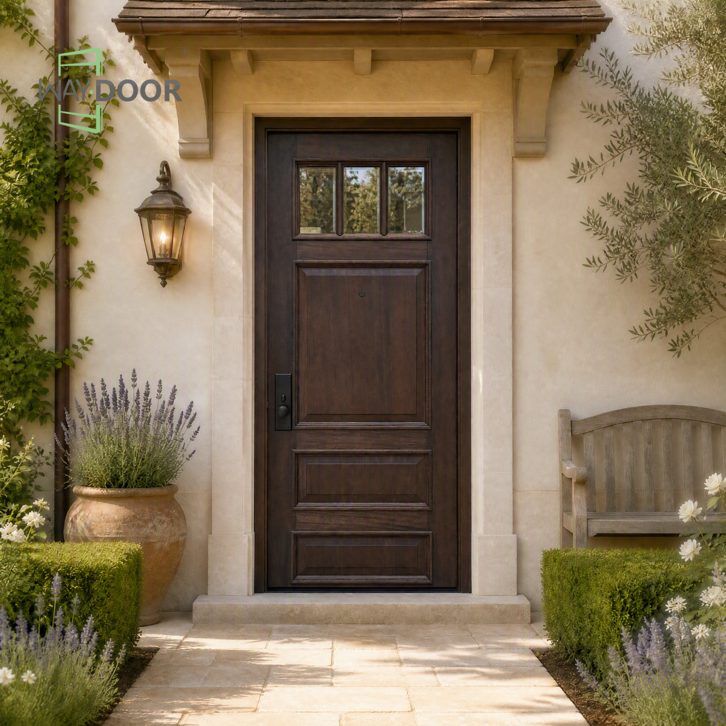 Craftsman 3‑Lite Clear Glass Solid Wood Entry Door