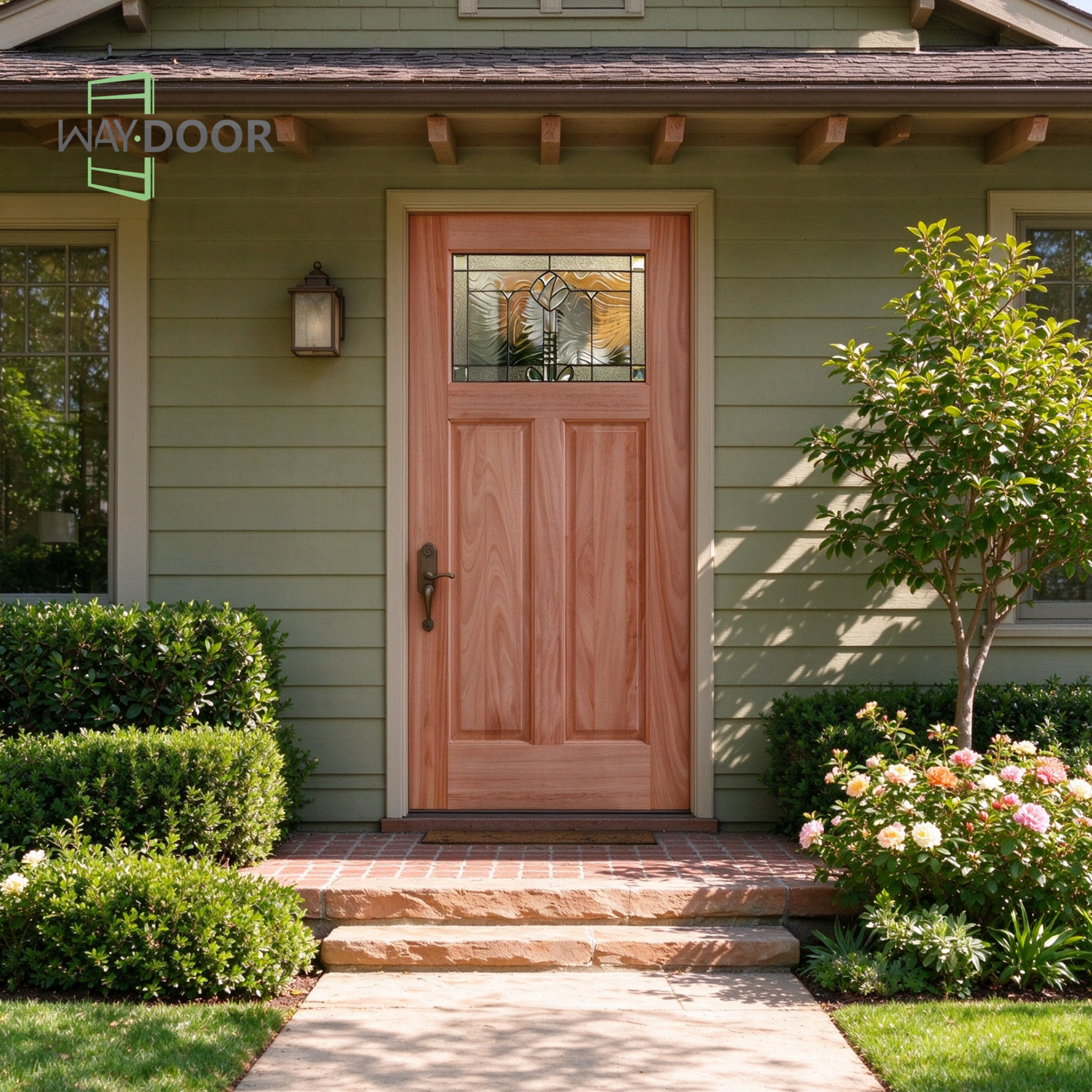 Craftsman Mahogany Entry Door with Mackintosh Rose Decorative Glass