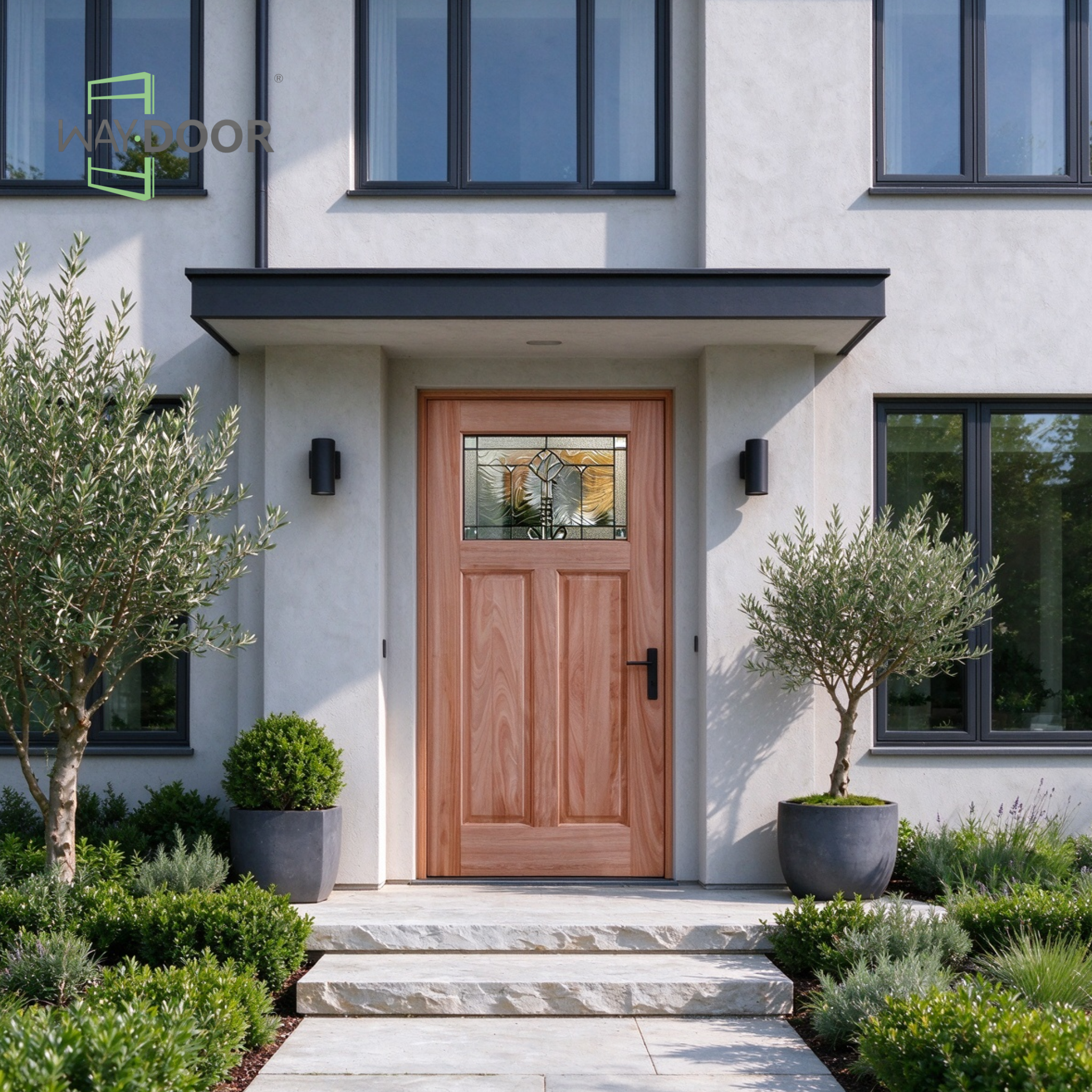 Craftsman Mahogany Entry Door with Mackintosh Rose Decorative Glass