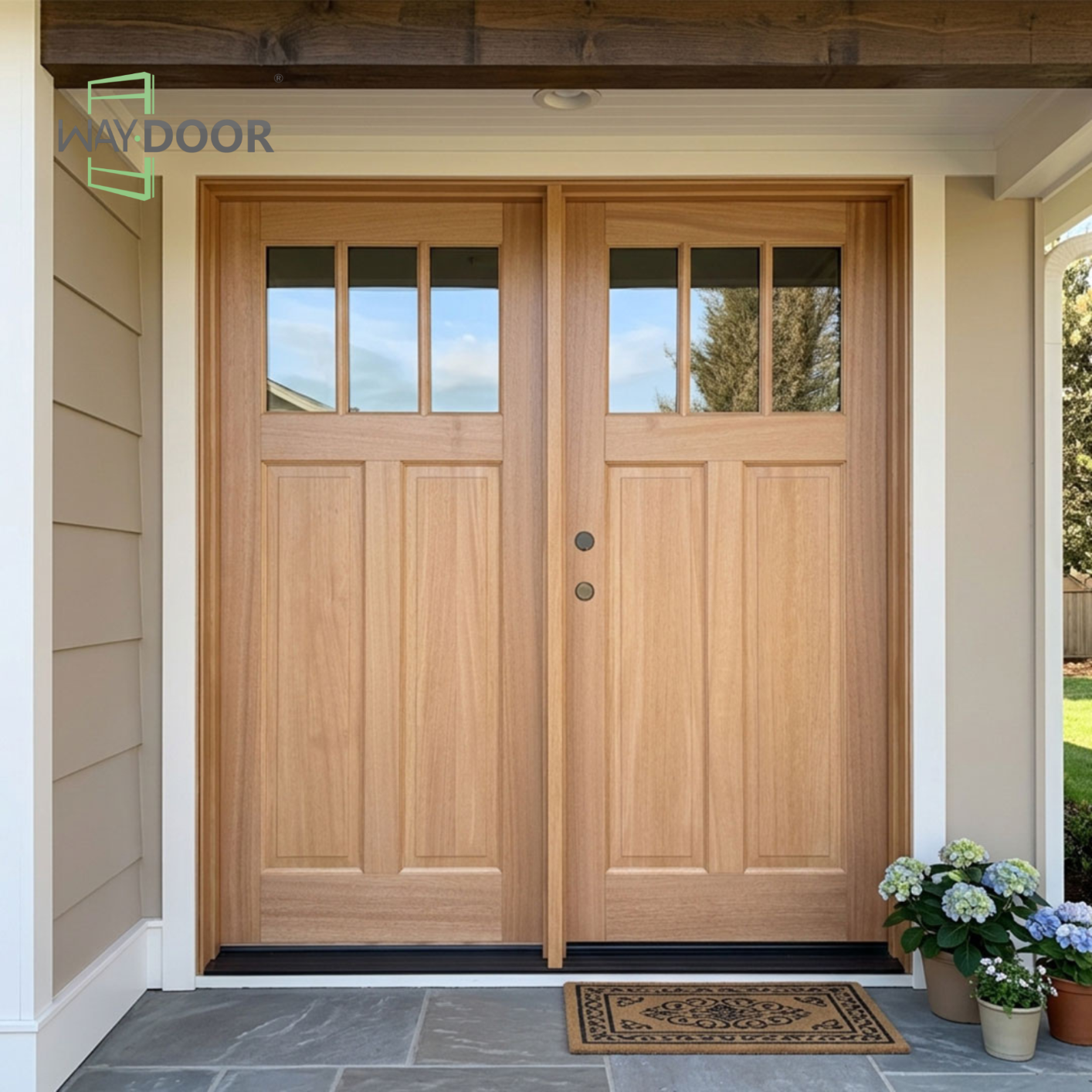 Craftsman Style 3-Lite Solid Wood Double Door