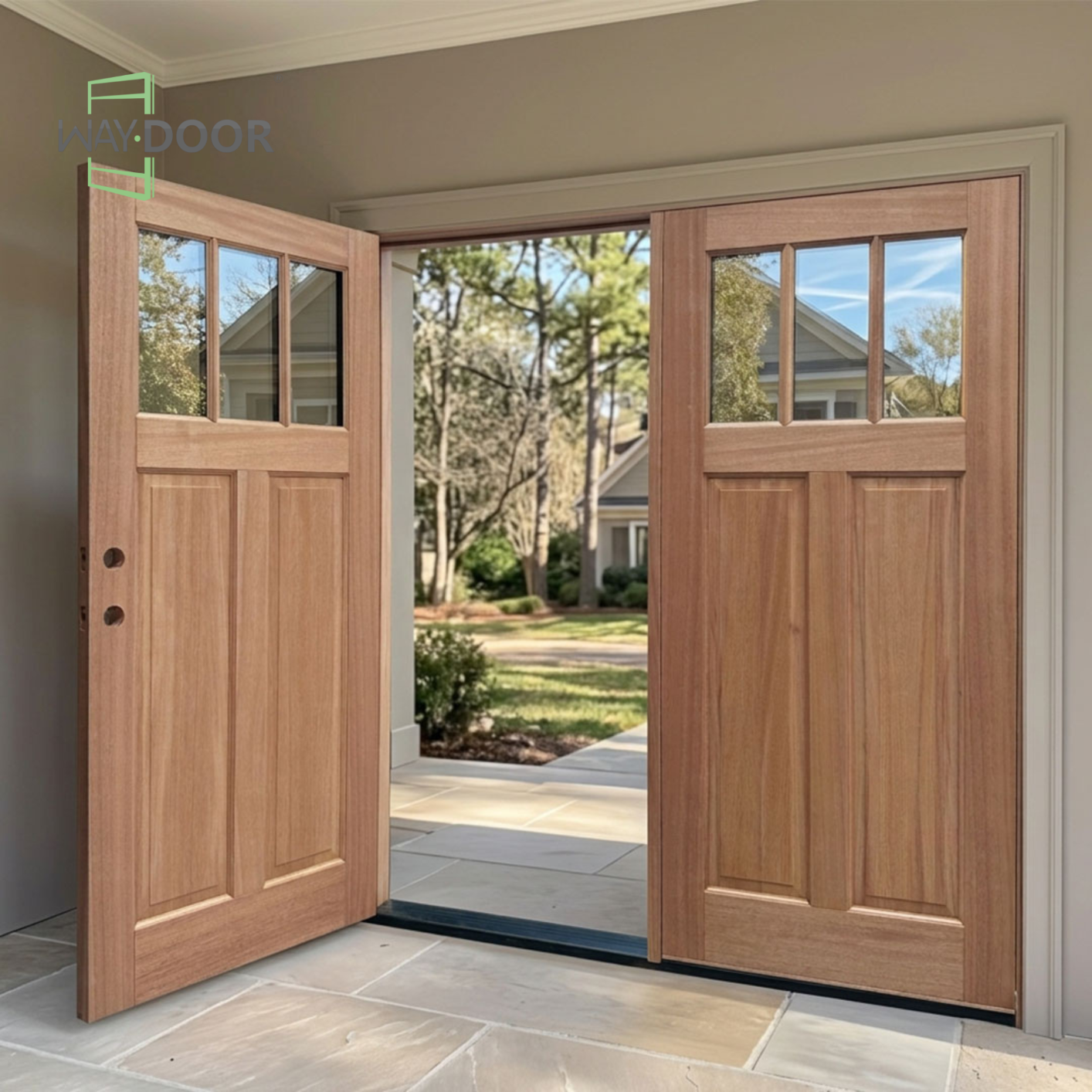 Craftsman Style 3-Lite Solid Wood Double Door
