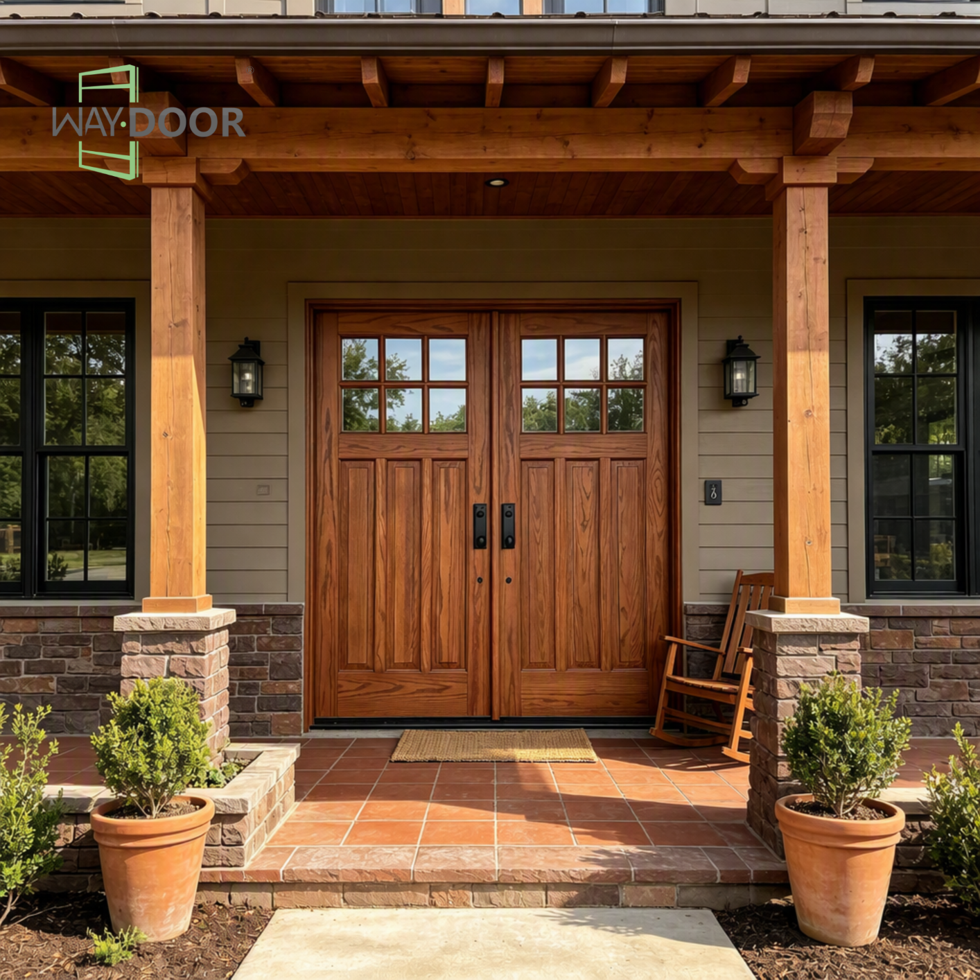 Craftsman Style Solid Wood 6-Lite Double Hinged Entry Door