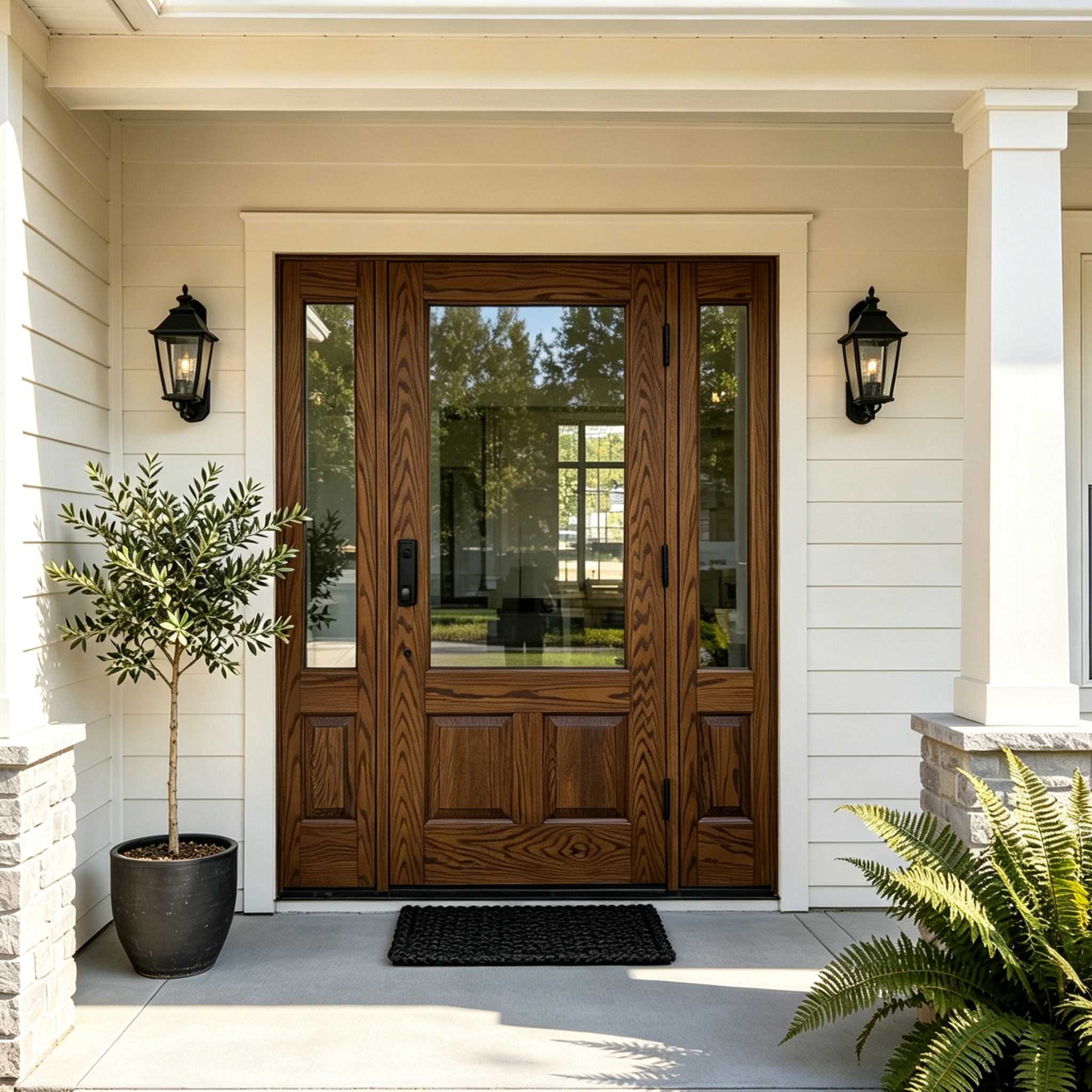 Craftsman Style Solid Wood Hinged Entry Door with 2 Sidelites
